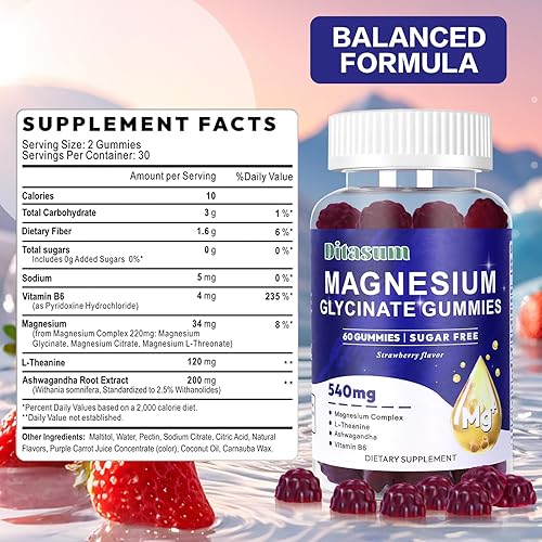Miniatura 2 de Glicinato de magnesio y L-treonato de 540 mg, sin azúcar con Ashwagandha, suplemento para relajación y apoyo al sueño, sabor a fresa, 60 gomitas (1,