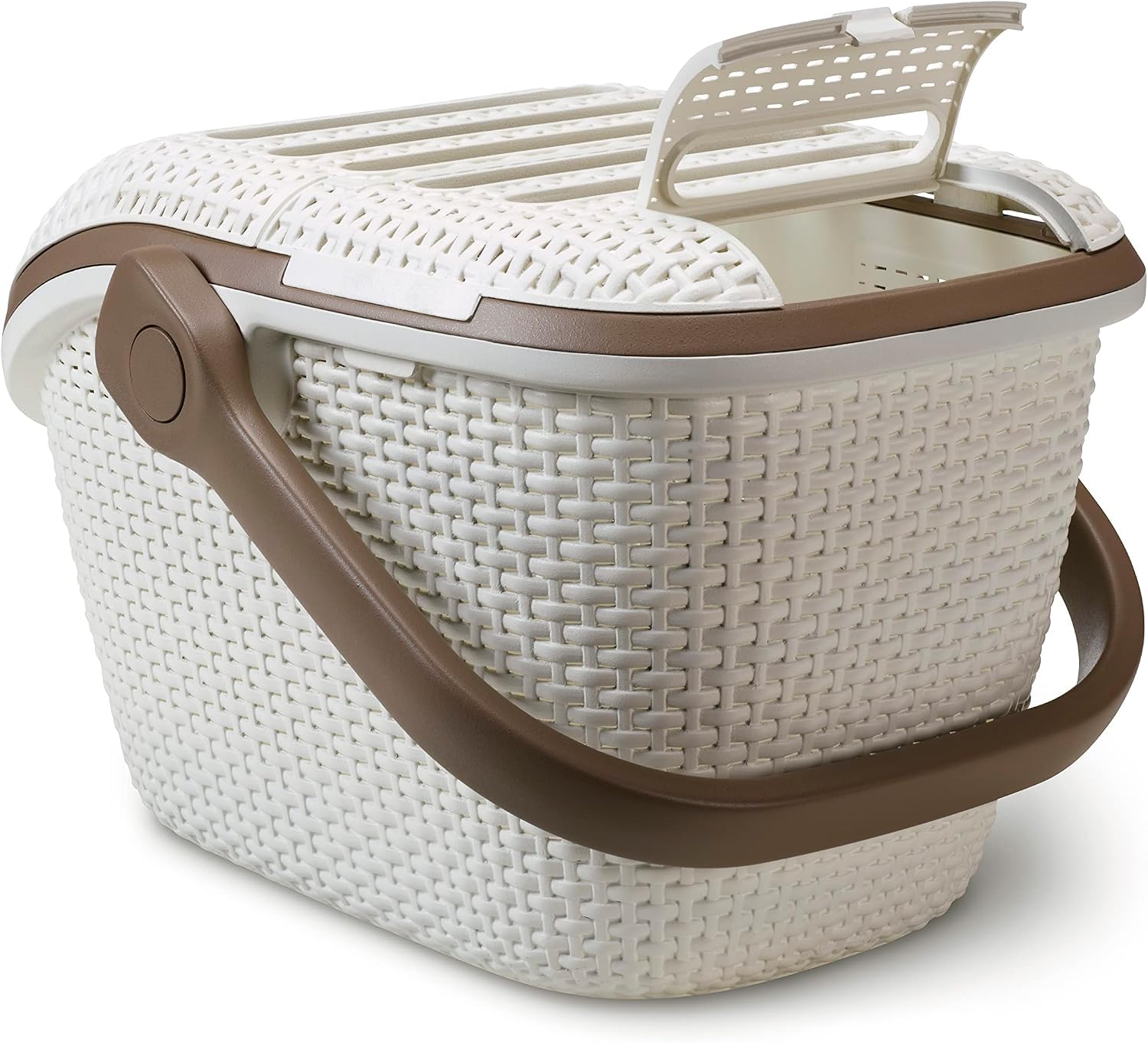 Transportbox Katze 51 x 38 x 33 cm, Katzen Transportbox Weiß mit Rattanoptik, Tiertransportbox für Katzen, Hunde & Kleintiere bis 10 kg, sicher mit Tragegriff