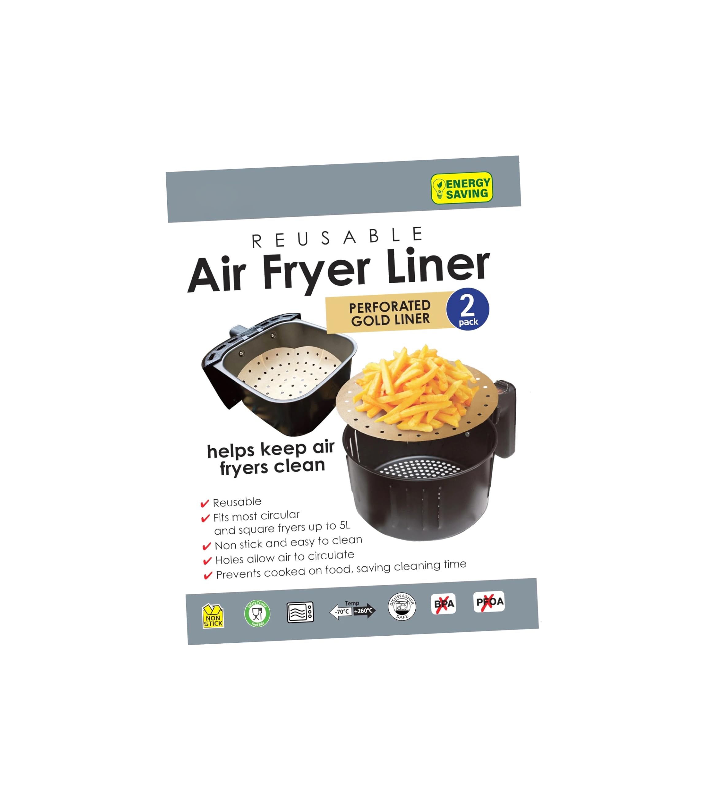 Vsorce4u 2pk Reusable Gold Perforated Air Fryer Liner Non Stick Air Fryer Liners Fits Up to 5L Circle and Square Baskets