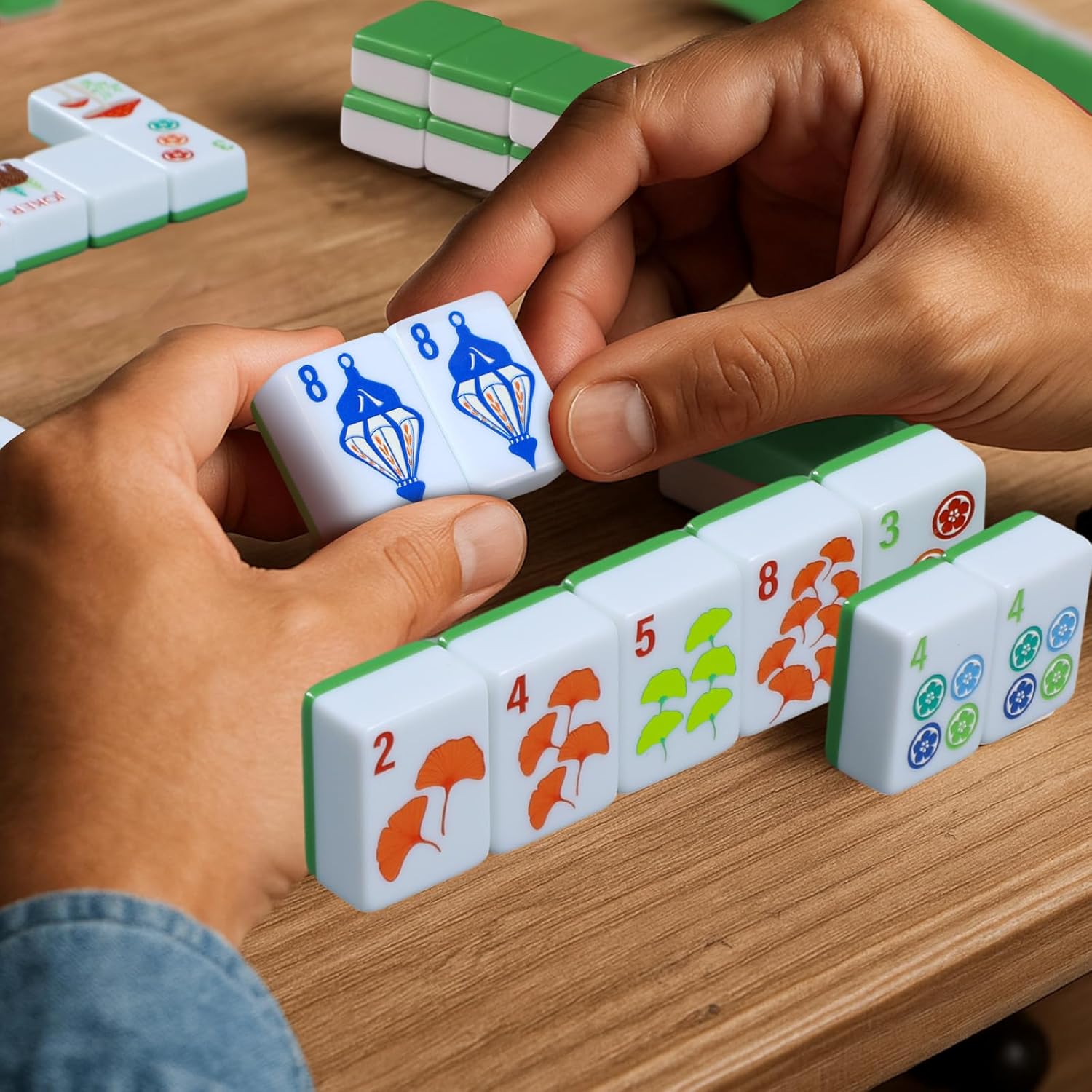 American Mahjong Sets 160 Mahjong Tiles Melamine Engraved Mah Jong Ideal for Home & Party Games(Animal Theme,Green)