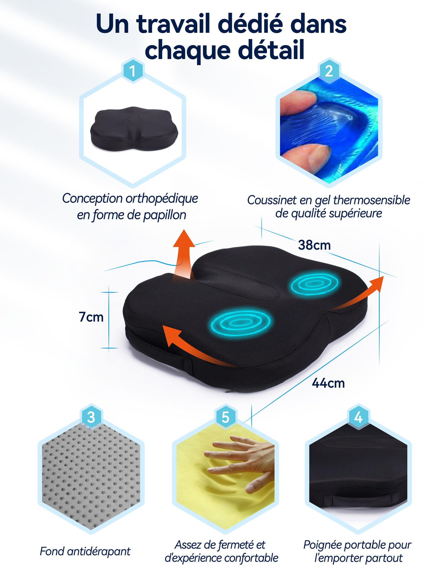Travel Ease Coussin de Siège Ergonomique, Coussin de Chaise en Mousse à Mémoire Gel avec Base Antidérapante pour Confort Longue Durée, Coussin de Hanche pour Chaise de Bureau, Siège de Voiture (Noir)