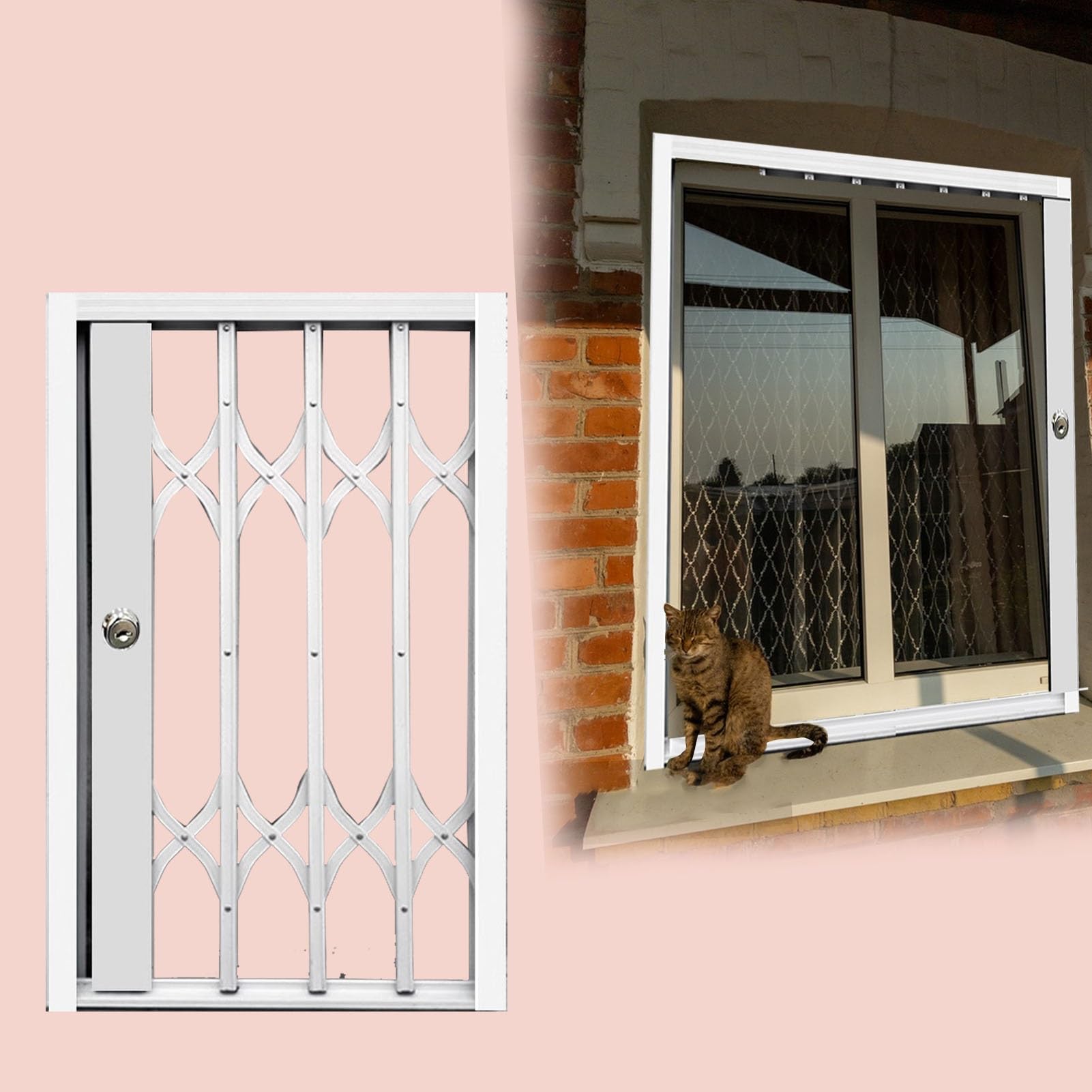 Rete per finestre pieghevole regolabile per cani e gatti-66 x 117 cm (66 x 117 cm) cancello di sicurezza, antifurto con serratura e chiavi, 66 x 117 cm