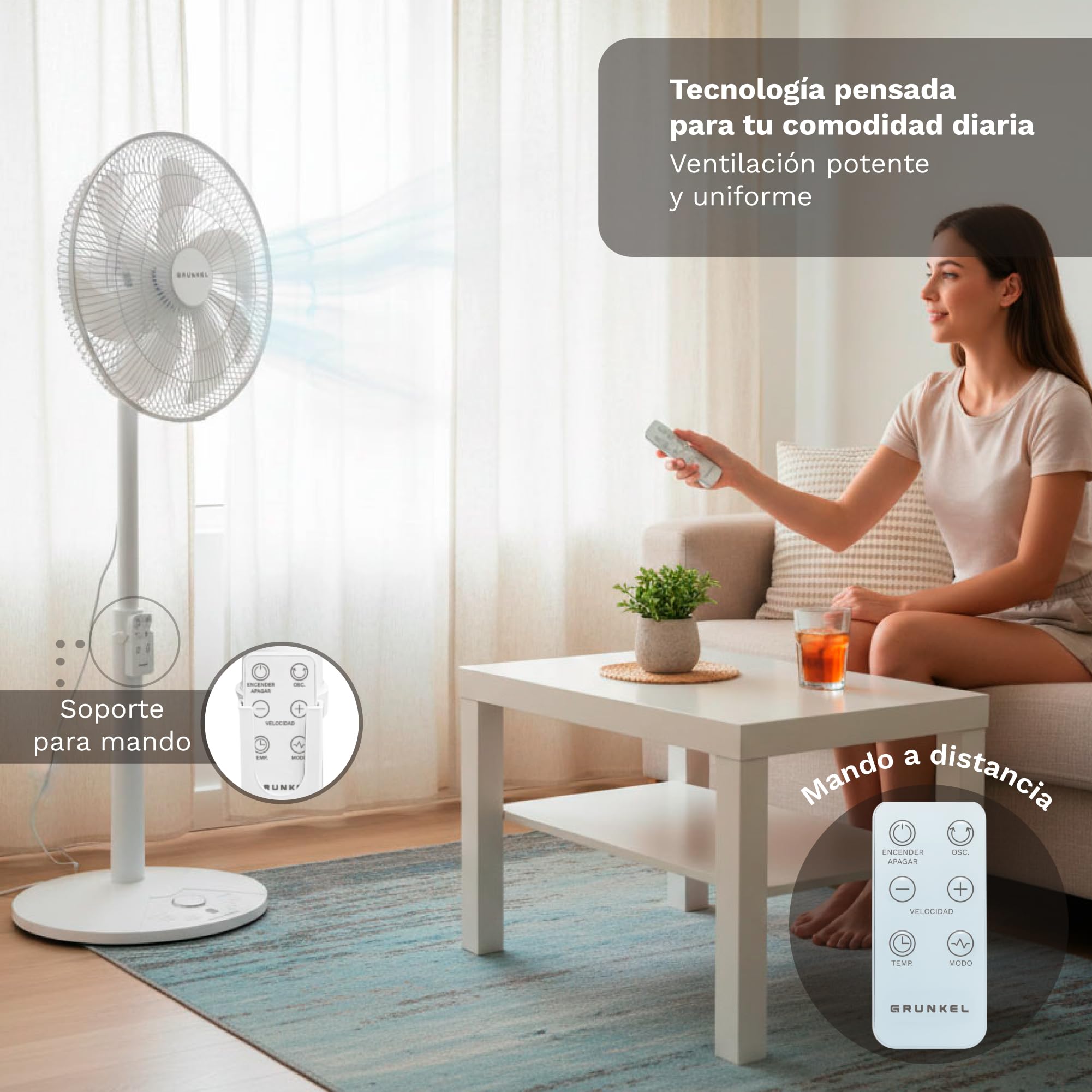 Grunkel Ventilador de Pie Ultrasilencioso PS de 36cm 14” | 12 Velocidades | 7 Aspas | Oscilación 100° | Temporizador 12h | Mando a Distancia | 30W (Blanco control cabezal)