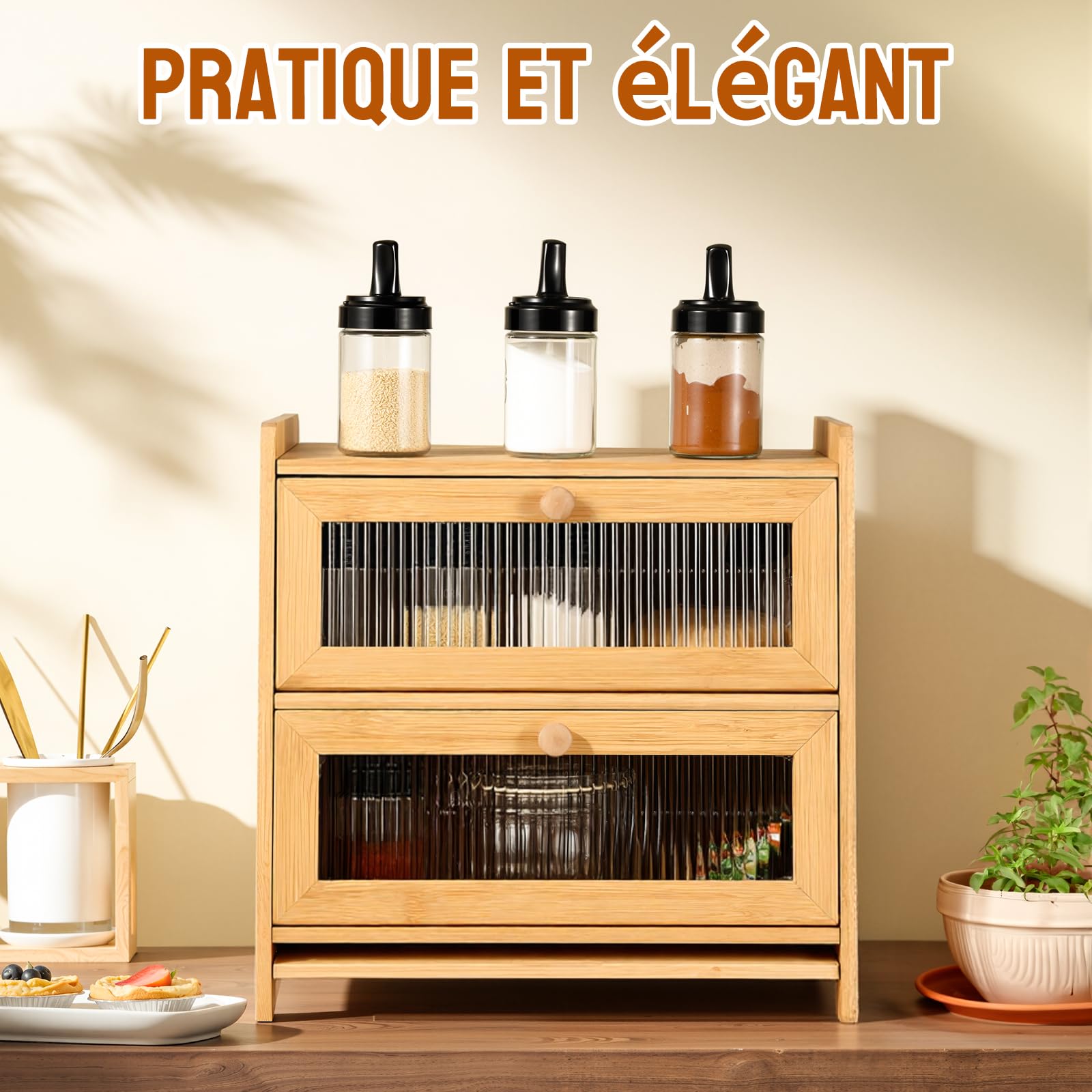 HAUSPROFI Boîte à pain en bambou à 2 étages - Avec planche à découper - Fenêtre visible ondulée - Élégante boîte à pain pour le stockage du pain - 40 x 25 x 40 cm