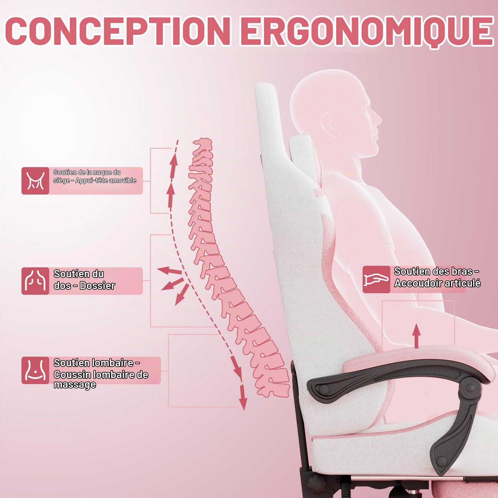 Chaise Gaming, Fauteuil Gamer - Massage Coussin Lombaire, Siege Gaming Dossier Inclinable à 135°, Chaise de Bureau Ergonomique Repose-Pieds Rétractable, Siège Large Confortable Leathaire-Velours, Rose