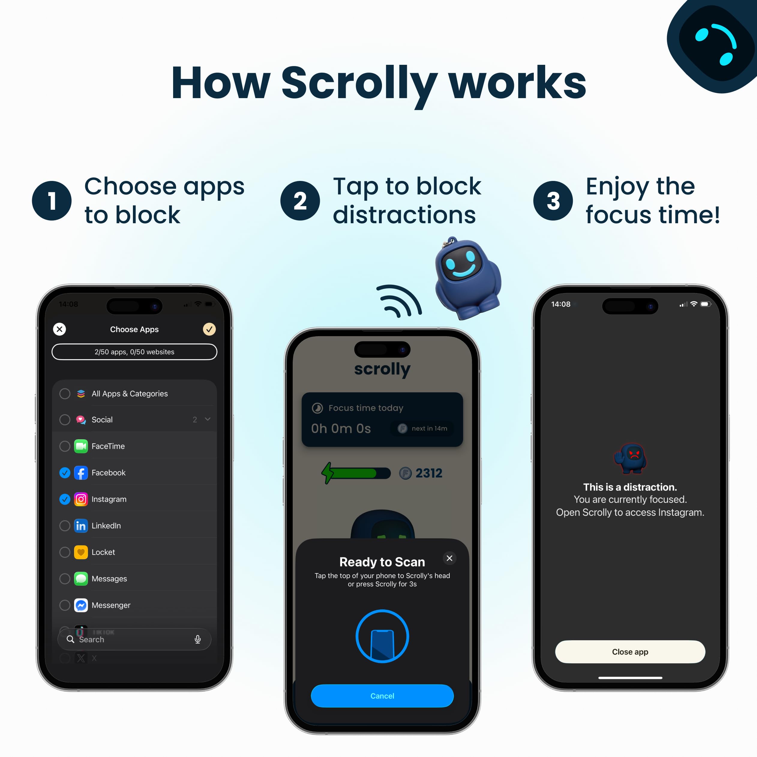 Scrolly – Bloqueador físico de Aplicaciones sin suscripción, Reduce el Tiempo de Pantalla y Mejora la concentración y la productividad, para Android y iPhone