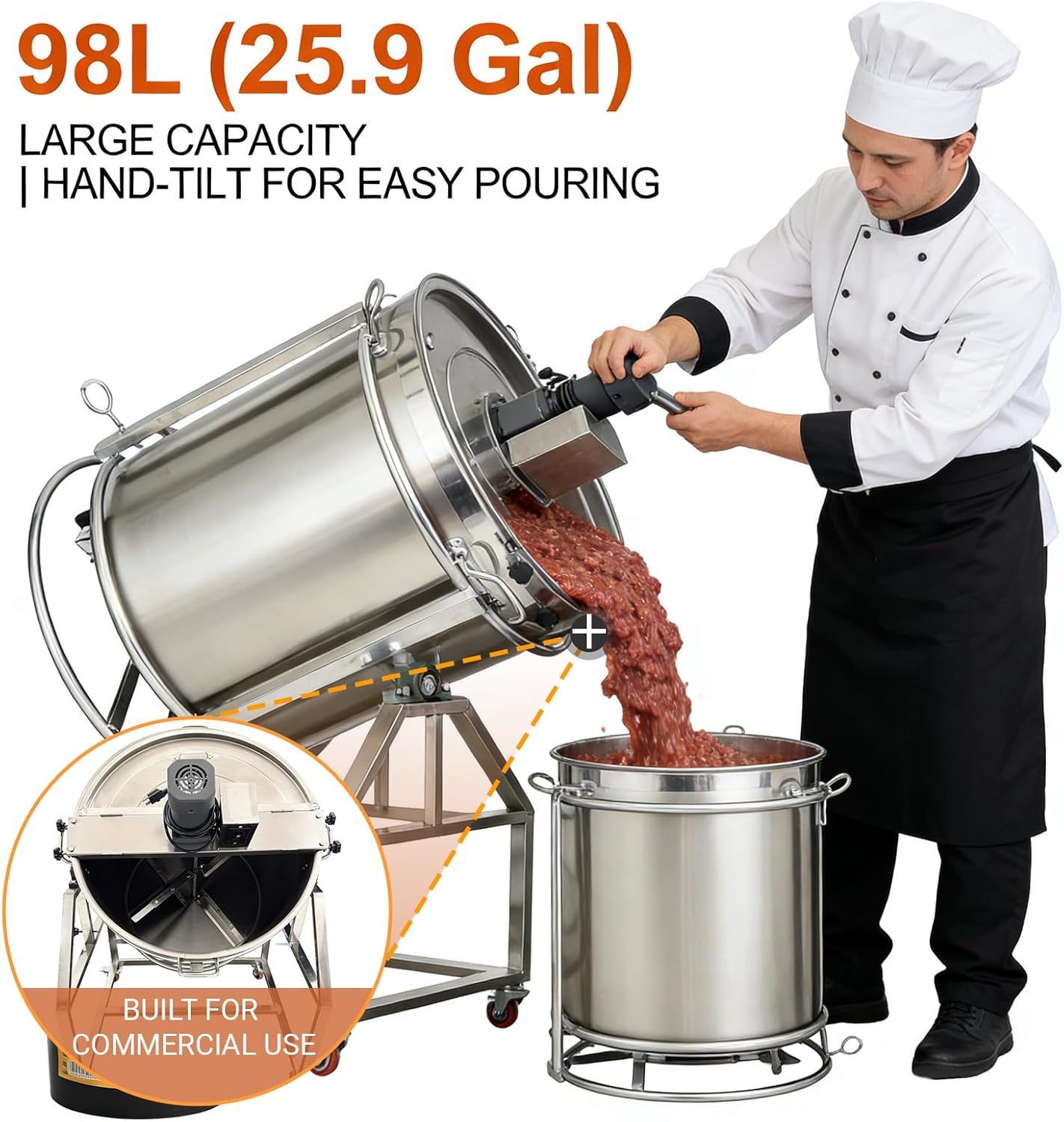 Commercial Sauce Mixer & Hot Pot Base Stir Fry Pan 98L/25.9gal Automatic Stirring Cooker, Natural Gas & Electric Stirring SUS304 Stainless Steel for Restaurant Kitchen Food Processing 110V