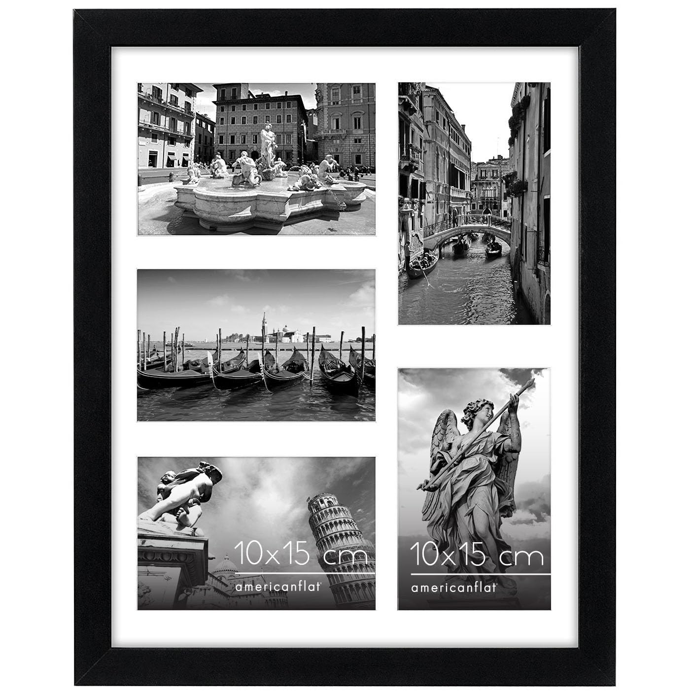 Americanflat Bilderrahmen Collage 10x15 cm Schwarz - Bilderrahmen 28x36 cm mit Passepartout für Fünf 10x15 cm Fotos - Fotorahmen für Mehrere Bilder der Familie - Verbundholz mit Bruchsicherem Glas