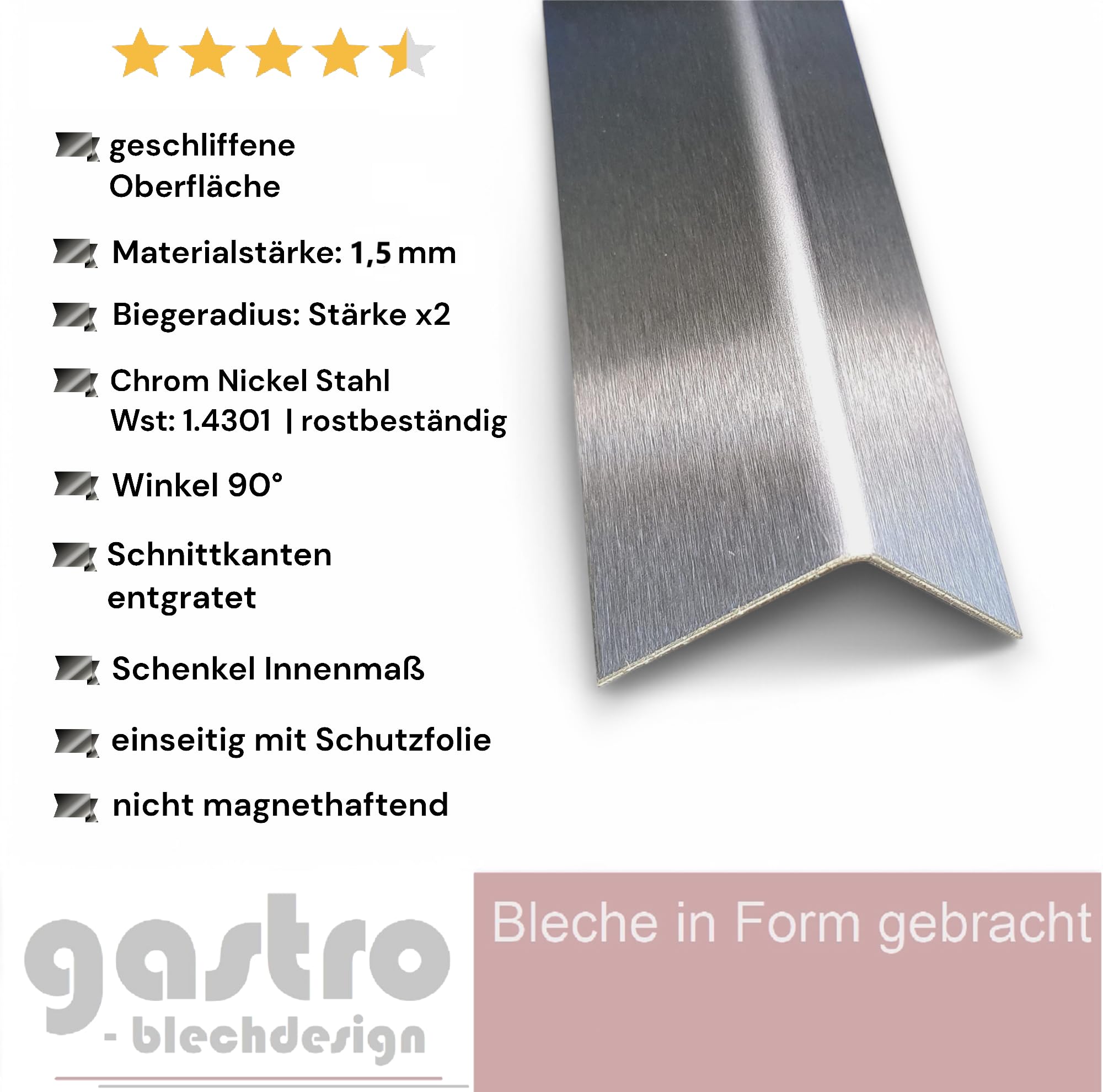 Edelstahl Winkel K240 geschliffen 1,5mm stark 1 Meter Edelstahl Kantenschutz 100 cm lang 30 x 30 mm Kantenschutzprofil, Winkelprofil, Eckschutzprofil, L Profil