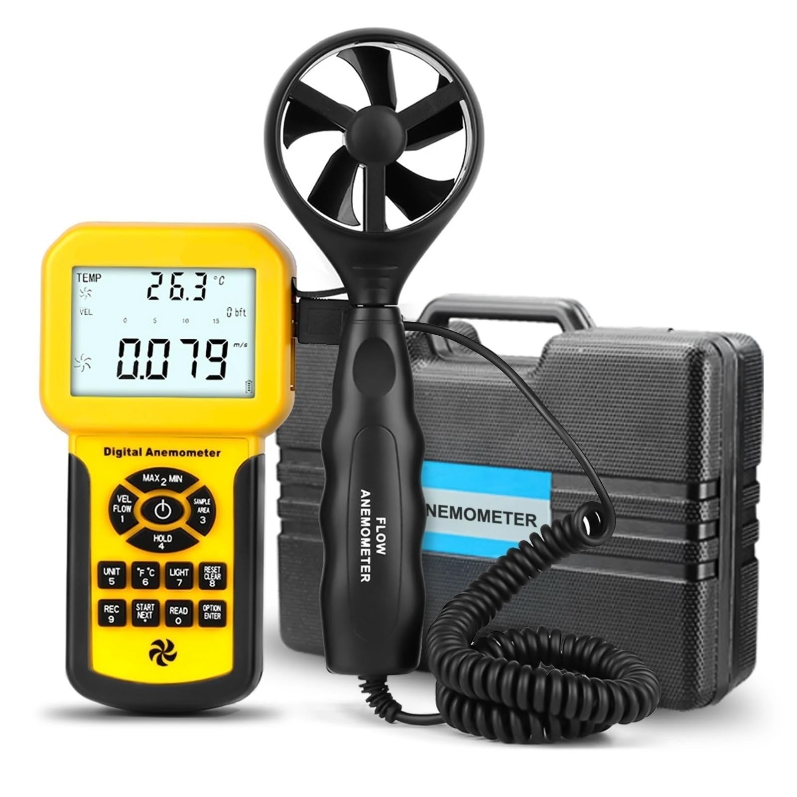 Anemómetro, Anemómetro que mide la velocidad del viento, caudal y temperatura, medidor de flujo aire CFM con retroiluminación