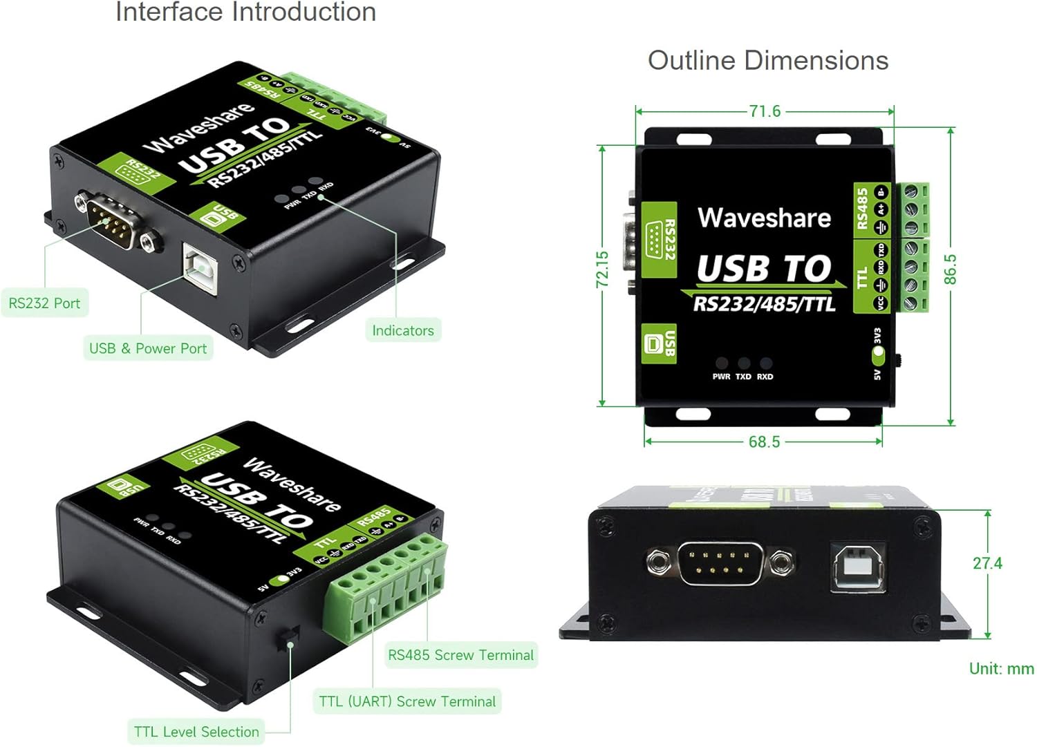 Waveshare CH343G USB to RS232/485/TTL Interface Industrial Isolated Converter Protection Circuits and Aluminium Alloy Enclosure for Industrial Control Equipments