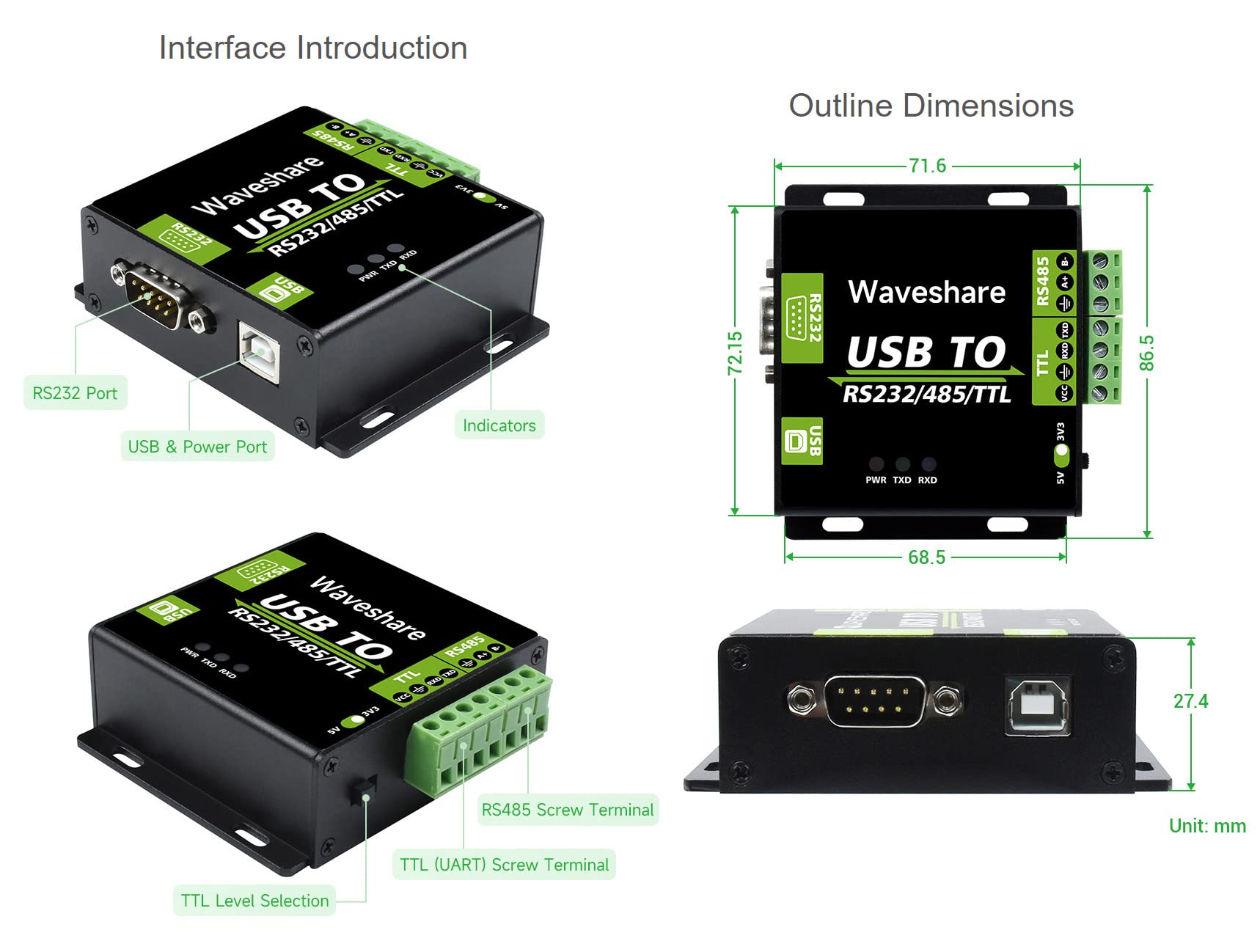 Waveshare CH343G USB to RS232/485/TTL Interface Industrial Isolated Converter Protection Circuits and Aluminium Alloy Enclosure for Industrial Control Equipments