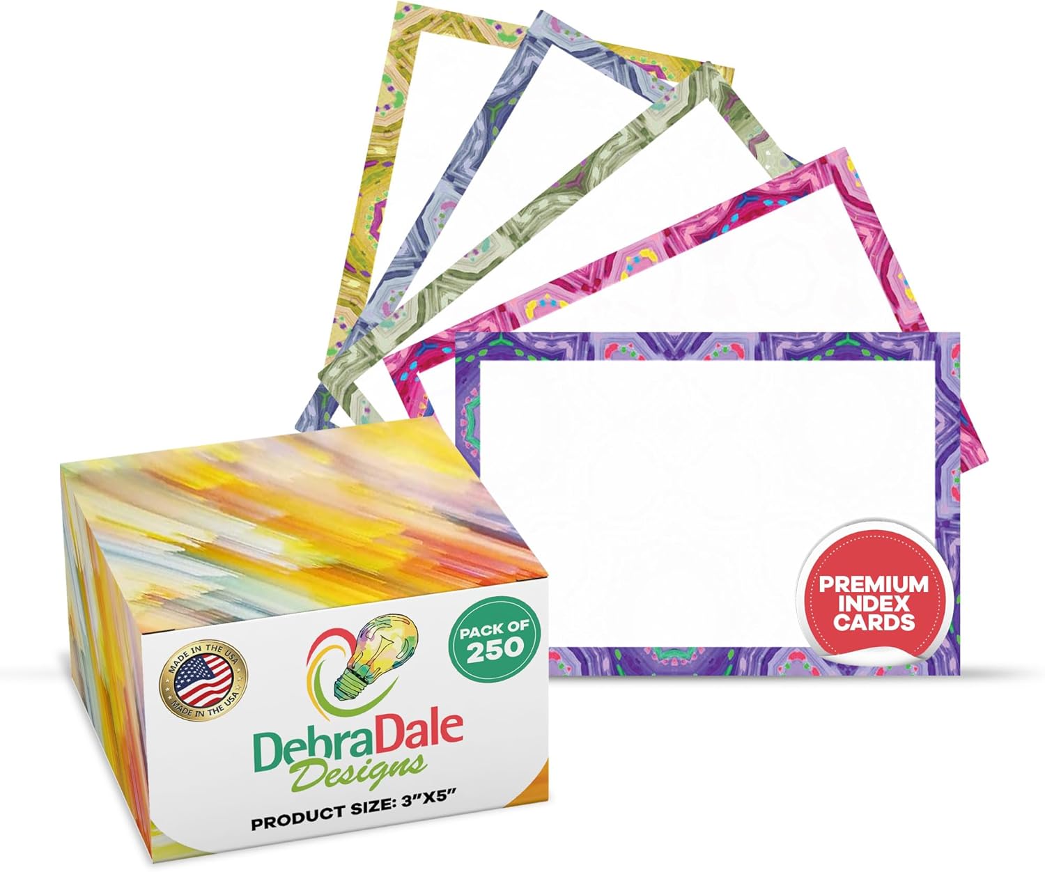 MADE IN USA – Debra Dale Designs Boho Chic Index Cards 3"x5" – 250-Pack, 140lb Premium Cardstock – 5-Color Abstract Assortment in Designer Box