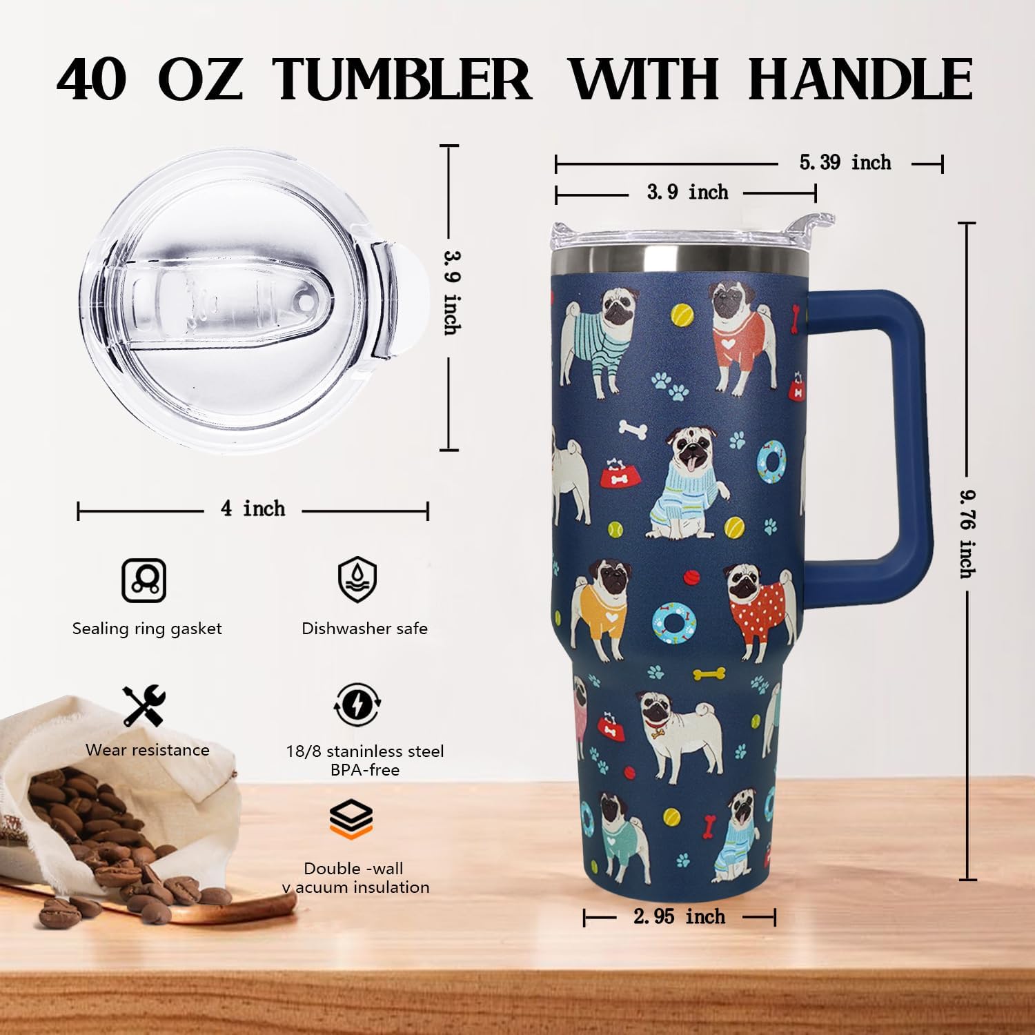 Ceovfoi 40 Oz Pug Tumbler With Handle, Golden Retriever Decor Coffee Travel Mug Cup Water Bottle, Dog Gifts for Women - Image 3