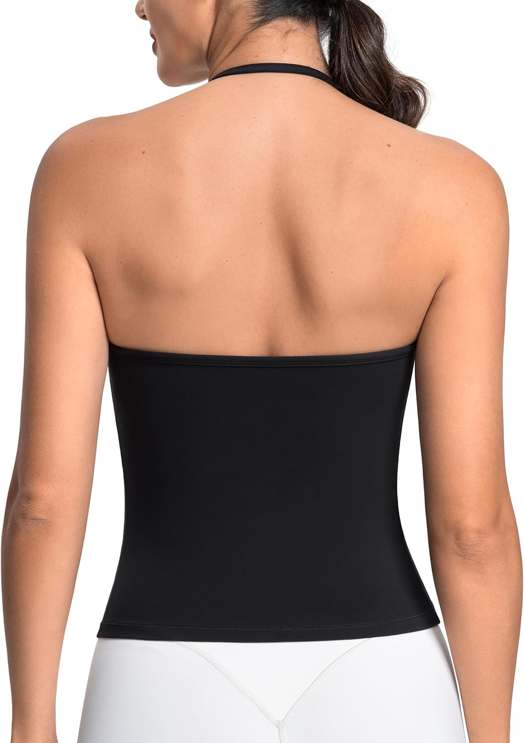 Colorfulkoala Dreamlux Halter Tank Top Backless V Neck Built-in Bra Adjustable Spaghetti Strap Workout Yoga Crop Top