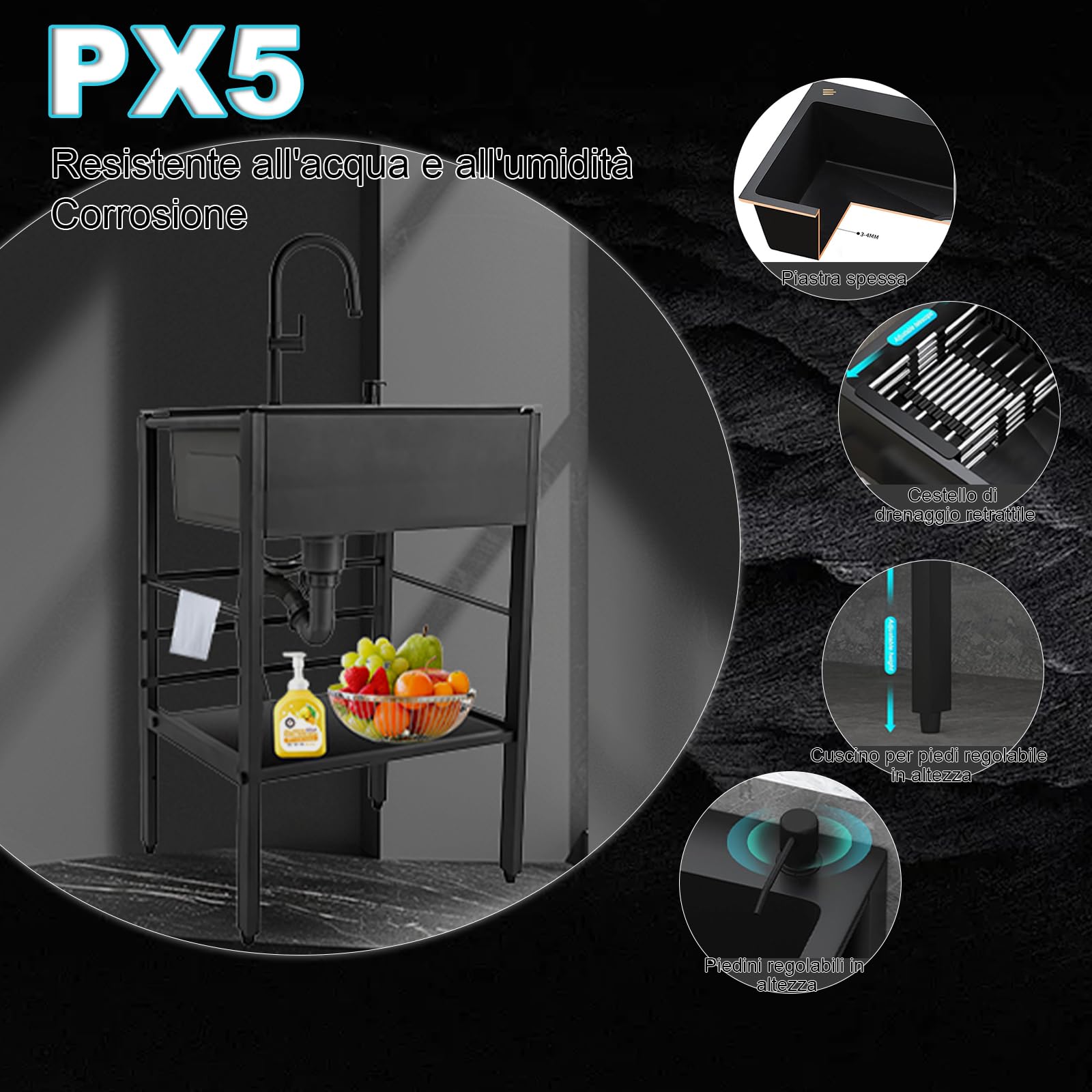 60x45x86cm Lavandino da Esterno, Witriolik Lavello da Esterno Nero con Scolapiatti e Kit di scarico e Rubinetto Alza/Estraibile, Lavello Cucina Professionale per Garage, Ristorante, Cucina, Lavanderia