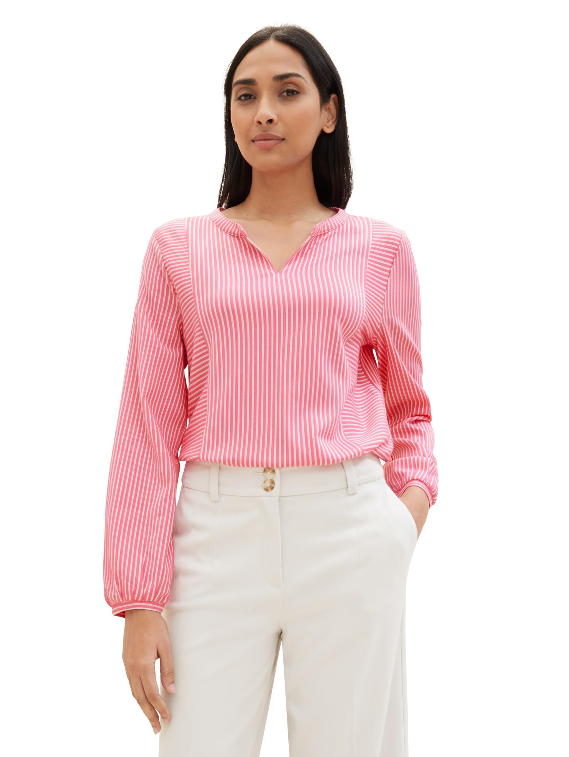 TOM TAILOR Damen Basic Bluse mit Streifen, 35242 - Pink Thin Stripe, XL – Ansicht 2