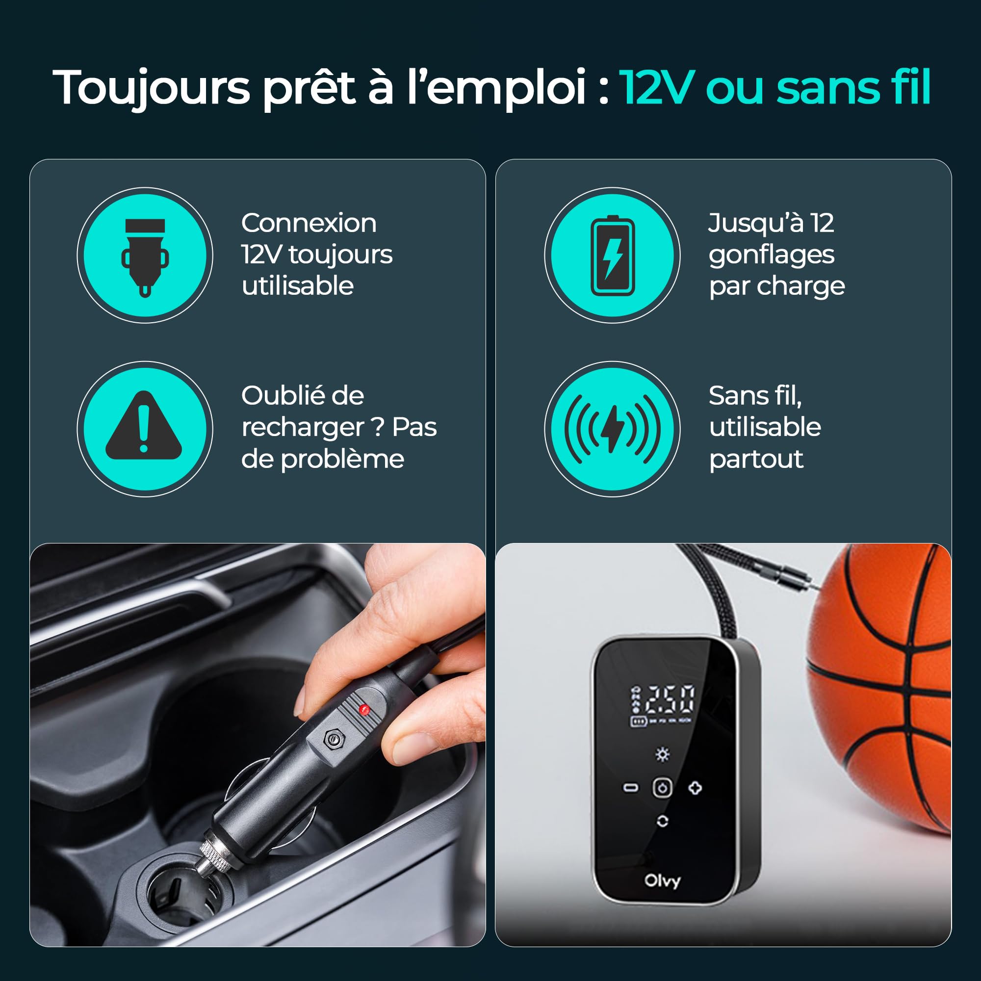Olvy Compresseur d'air portable - Gonfleur de pneus sans fil 12V - Batterie rechargeable 6000 mAh - Écran numérique - Arrêt automatique - Lampe LED - Pour voiture, vélo, moto, ballon et matelas gonfla