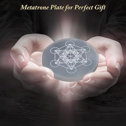 Miniatura 7 de Placa de carga de selenita con diseño de cubo de metatrón, cargador de cristal curativo grabado de 4 pulgadas  Posavasos redondo de disco para el