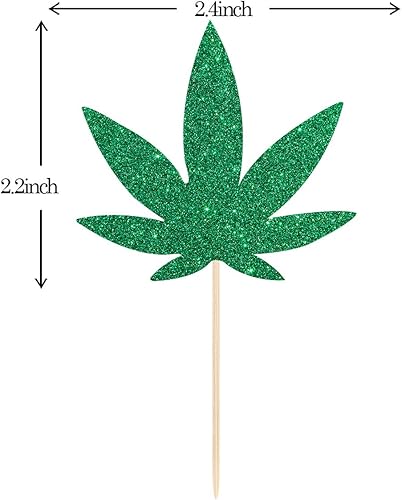 Miniatura 2 de INNORU Paquete de 24 adornos para cupcakes de hojas de cáñamo con purpurina, hojas de hierba de marihuana, suministros de fiesta de cumpleaños de