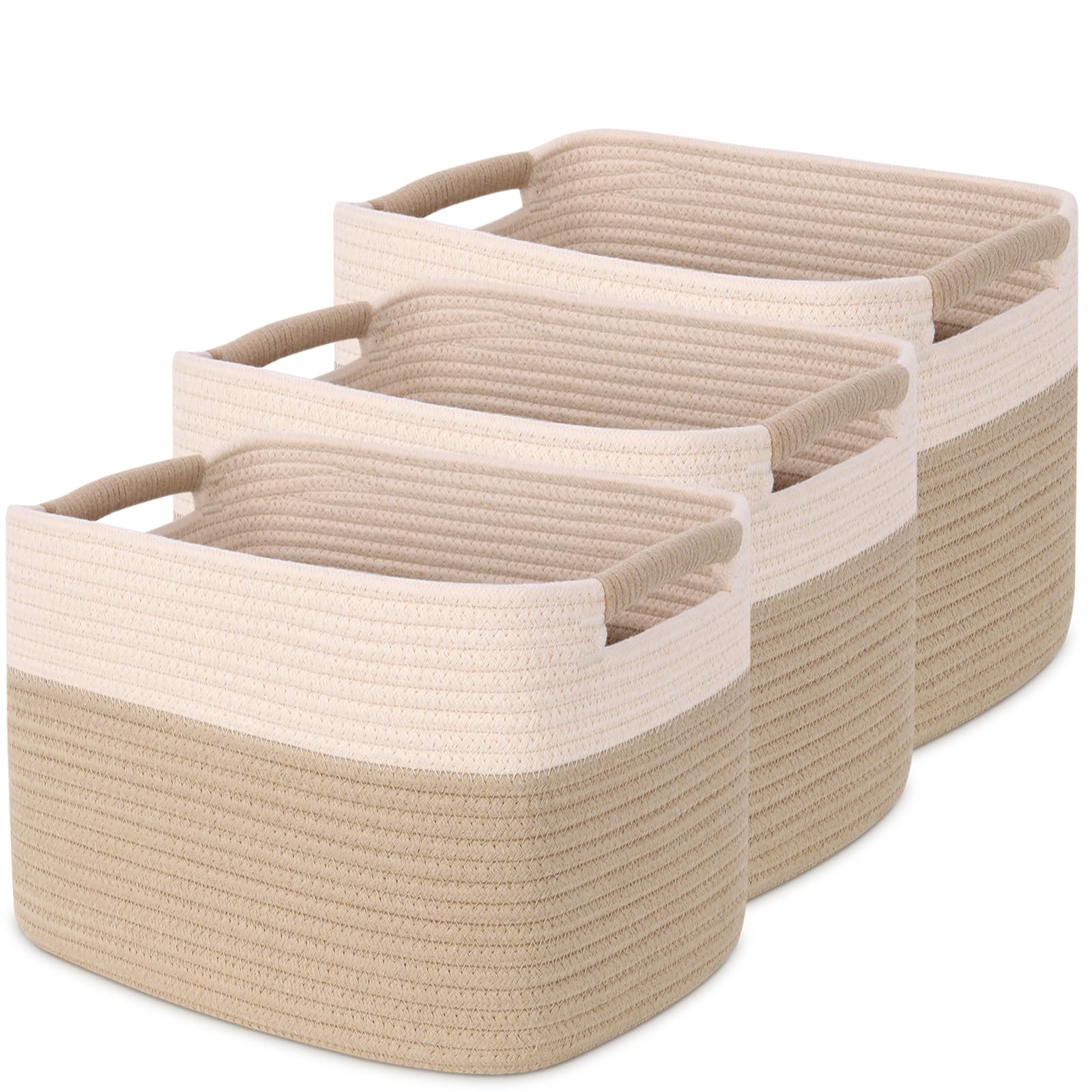Cotton Rope Storage Basket, Woven Baskets for Organizing, Nursery Rectangle Basket, Kids Toys Bin, Decorative Shelf Organizer for Living Room, Bathroom - Pack of 3 (Beige Brown)