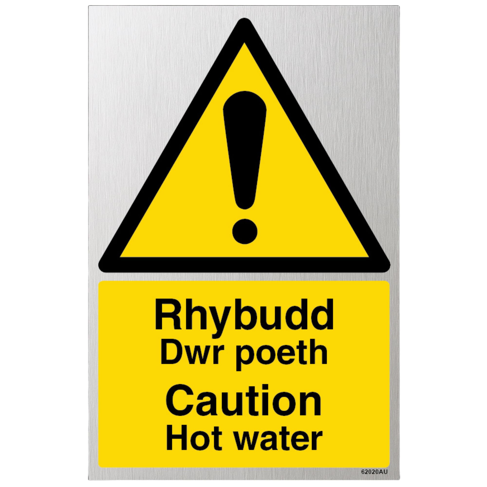 V Safety Welsh/English - Caution Hot Water 200 x 300 mm - 3mm Brushed Aluminium Composite Safety Sign, White
