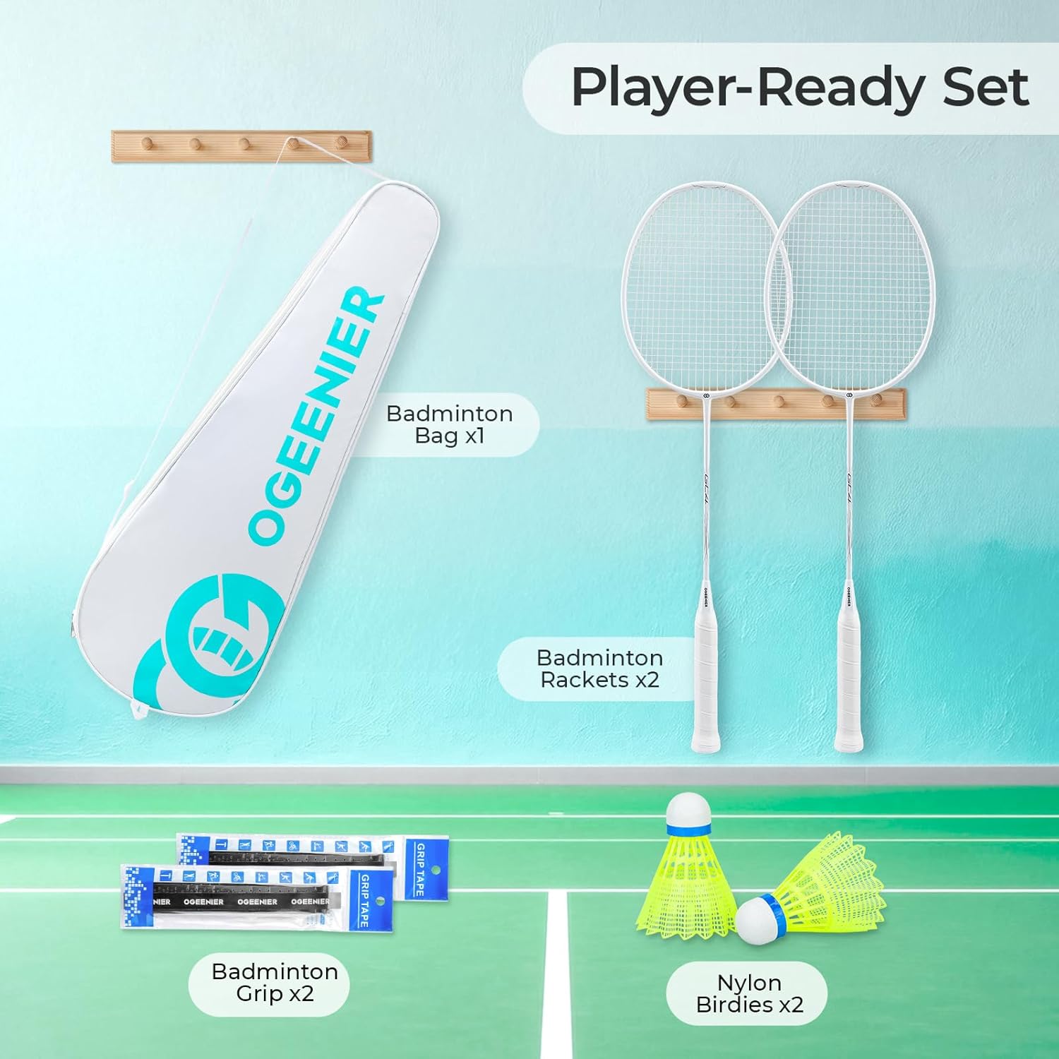 OGEENIER 3U Badminton Racket Set, 2-Pack & 4-Pack Lightweight Badminton Rackets for Beginner for Recreational Play & Training, Aluminum Frame with Carbon Fiber Shaft