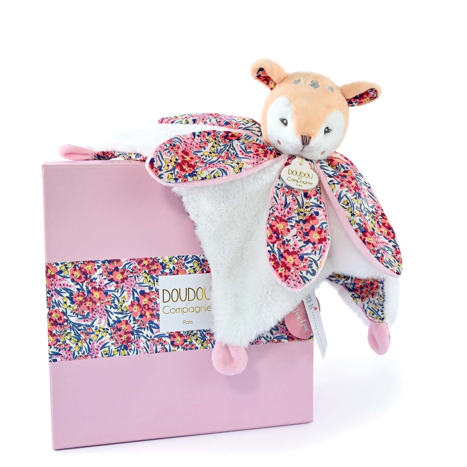DOUDOU ET COMPAGNIE - Doudou Faon Blanc avec Pétales - Boite Cadeau - 27 cm