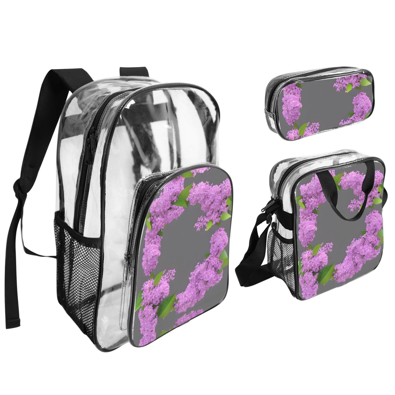 Juego de mochila 3 en 1 con estampado de flores lilas en flor para eventos escolares, trabajo, estadio y transporte diario
