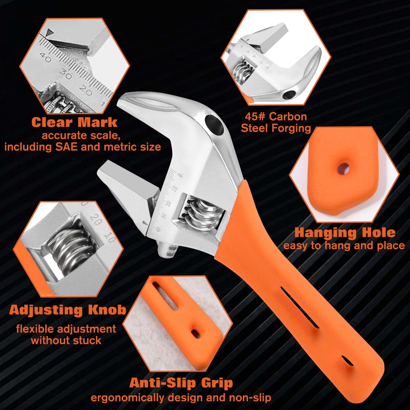 SPEEDWOX 8-Inch Adjustable Wrench Wide Jaw Adjustable Wrench 1.85-Inch Wide Jaw Opening Wrenches with Anti-Slip Grip Home Improvement Repair & Garage Hand Tool Ideal for Work in Confined Spaces - Image 4