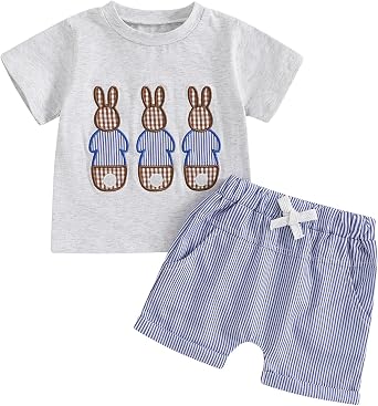 Toddler Baby Boy Easter Outfits Bunny Letter Print Short Sleeve T-Shirt Top Casual Shorts Sets 2Pcs Summer Clothes