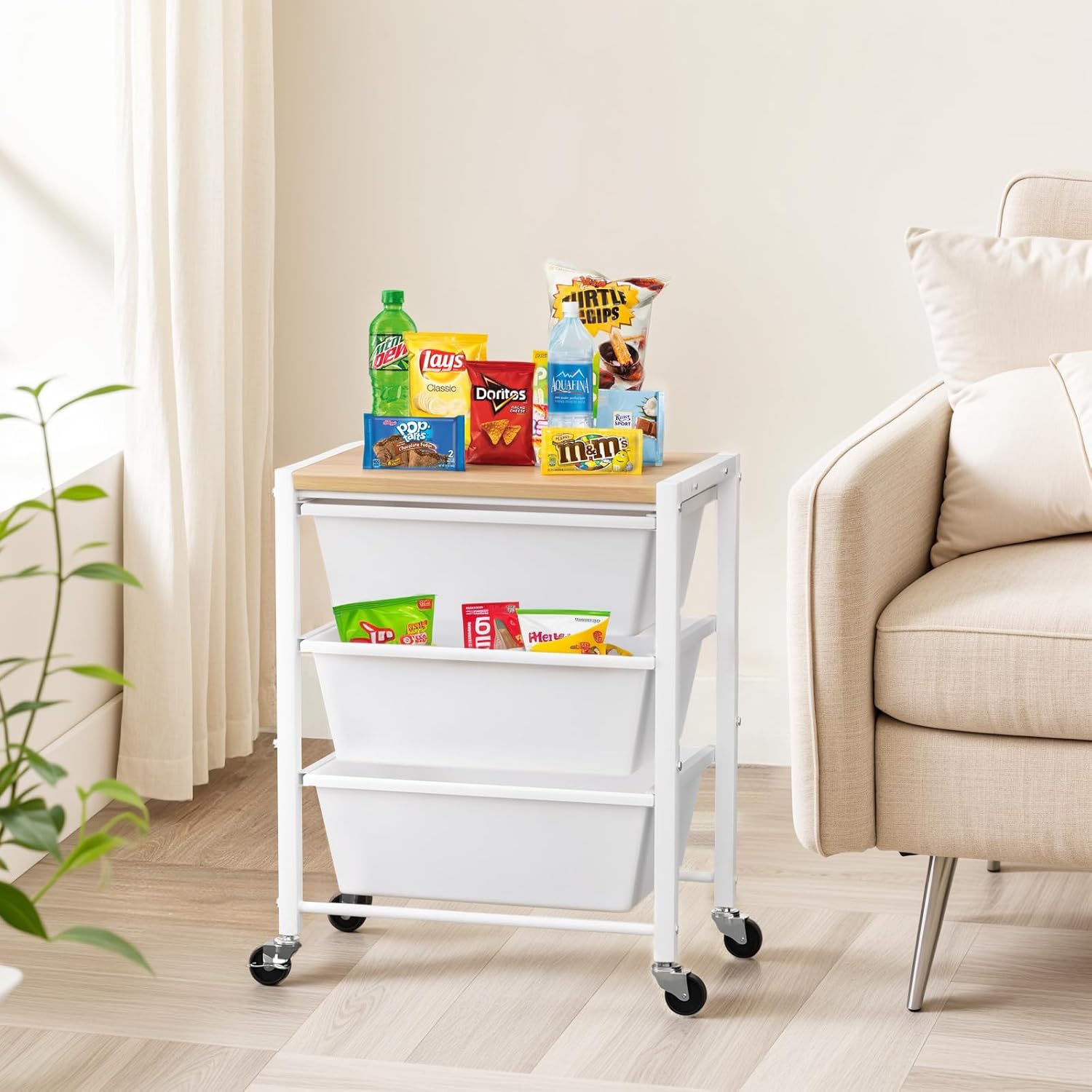 Rolling Cart with 3 Drawers, Plastic Drawer Storage Carts with Lockable Wheels & Wooden Tabletop, Metal Utility Cart Organizer, Office Bedroom Classroom Craft Organization and Storage, Bright White - Image 6