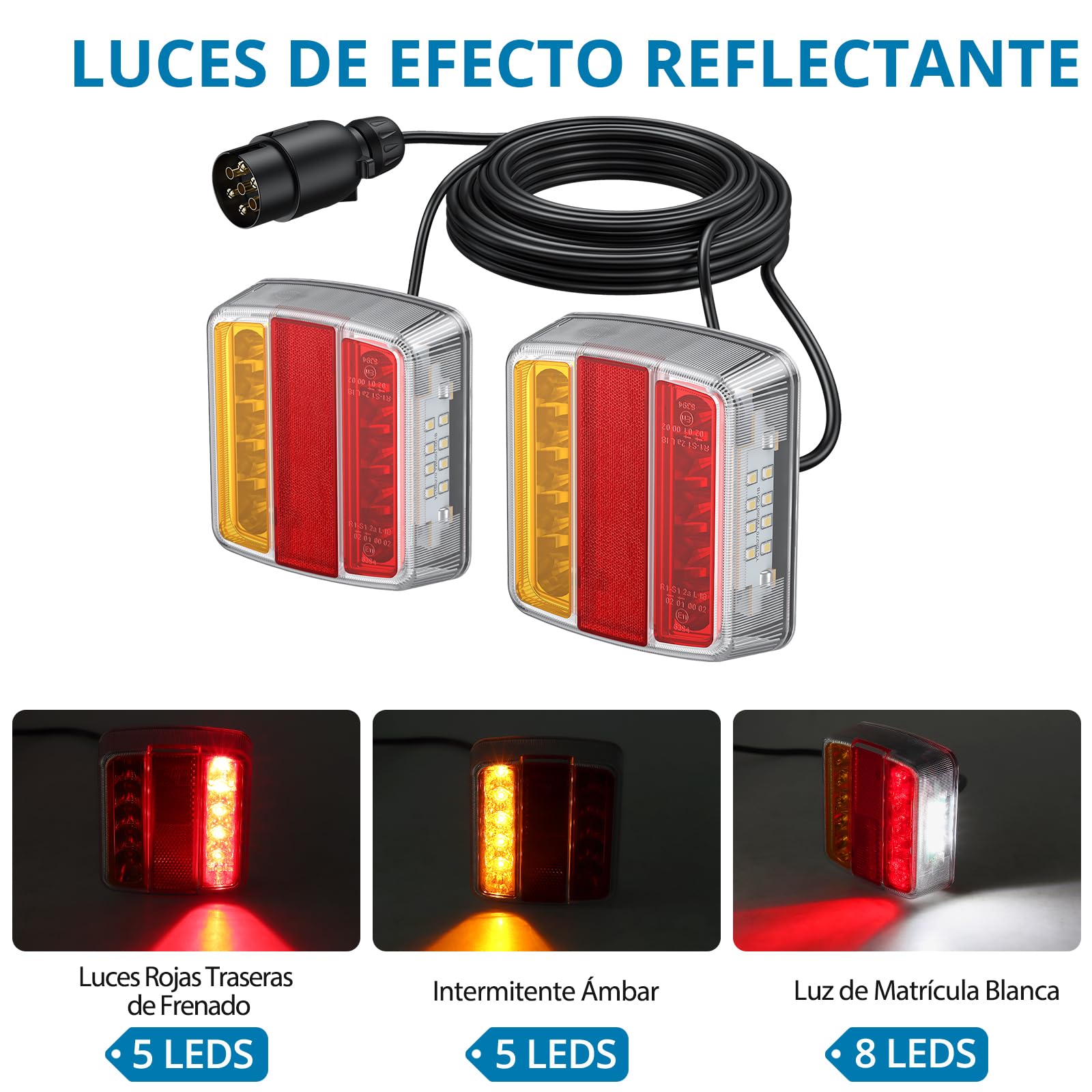 AUTOUTLET 2X Luces Traseras para Remolques Homologado 7pines y 13pines, Cable 7,5m con Luz de Matrícula, Montaje de Imanes,12V 18 LED para Camión, Remolque, Van Caravan