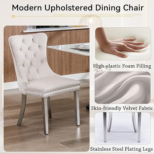 Miniatura 5 de Henf Juego de mesa de comedor de mármol sintético de 7 piezas para 6, mesa de comedor extensible de 63"-79" y 6 sillas acolchadas beige para 6, mesa