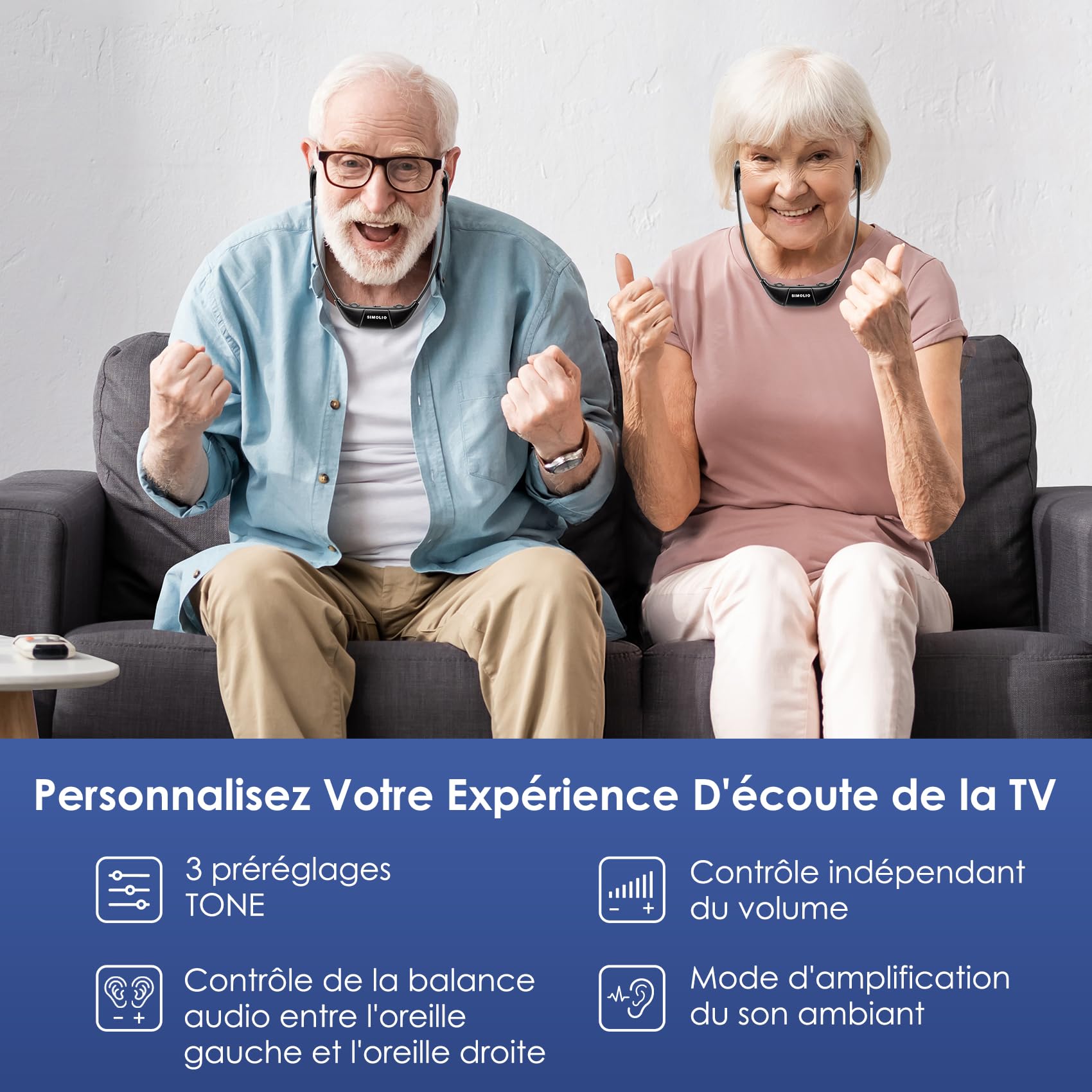 SIMOLIO Double Casque TV sans Fil pour Séniors, Infrarouge, 3 Préréglages de Tonalité, Volume Séparé, 15 Heures Batterie, Son Ambiant, Combiné émetteur/Chargeur, Compatible avec la Plupart des TVs