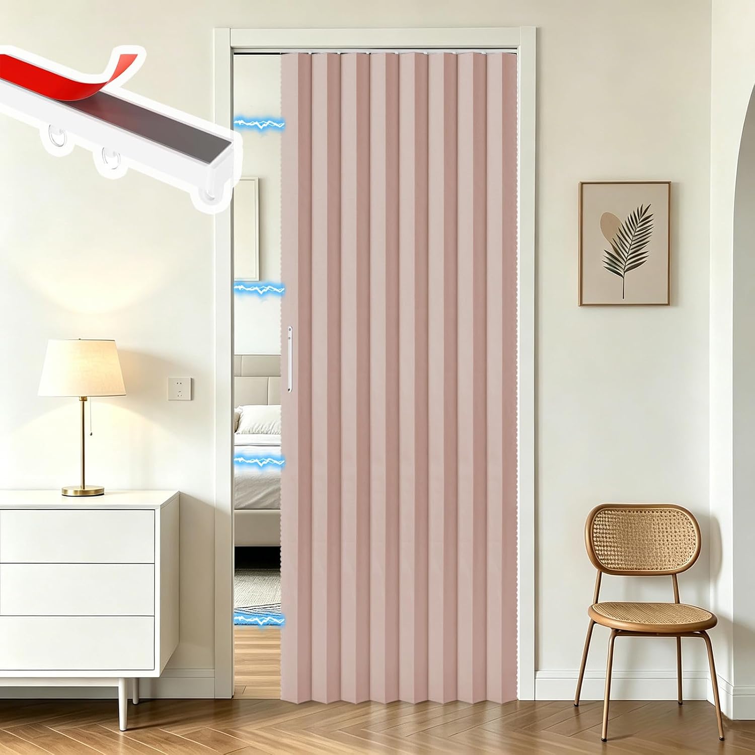 Folding Door Curtain with Track, Accordion Door Magnetic Curtain for Closet Pleated Doorway Curtain Accordion Door Interior Room Divider Bedroom Bathroom Living Room(42"x79",Pink)