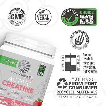 Sunwarrior Clear Protein Powder | Vegan Plant-Based Protein 30 Servings, Raspberry Flavored & Creatine Monohydrate Powder | 50 Servings, Raspberry Flavored