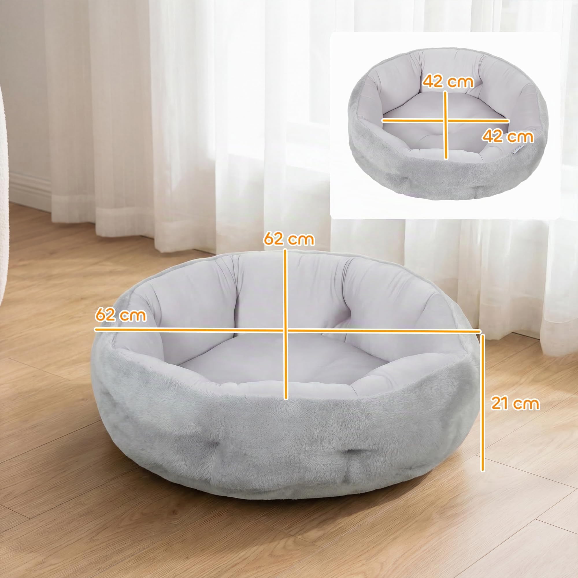 PawHut Lit pour Chat, Panier Réversible Rond Rebord 62x62x21cm Gris Clair | Panier pour Chats d'Intérieur et Petits Chiens