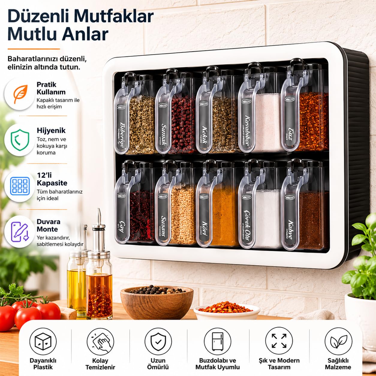 Kendinden Yapışkanlı Baharatlık Seti, 12'li, Kaşıklı Kapaklı,Etiketleri ile Gönderilir Siyah Beyaz