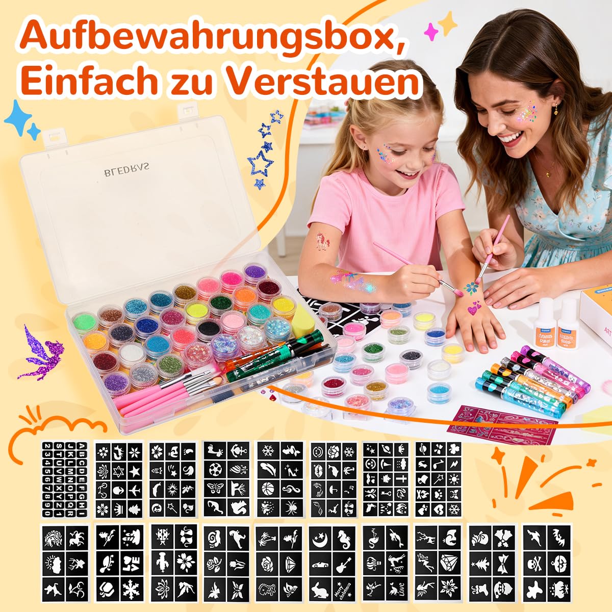 Bledras Glitzer Tattoo Set Kinder – 6 Tattoo Stifte + 31 Glitzerfarben – Komplett-Set mit 178 Schablonen, 5 Pinseln, 3 Klebern,Leucht-tattoos – Make-up Set für Mädchen & Jungen – Geschenk ab 3 Jahren