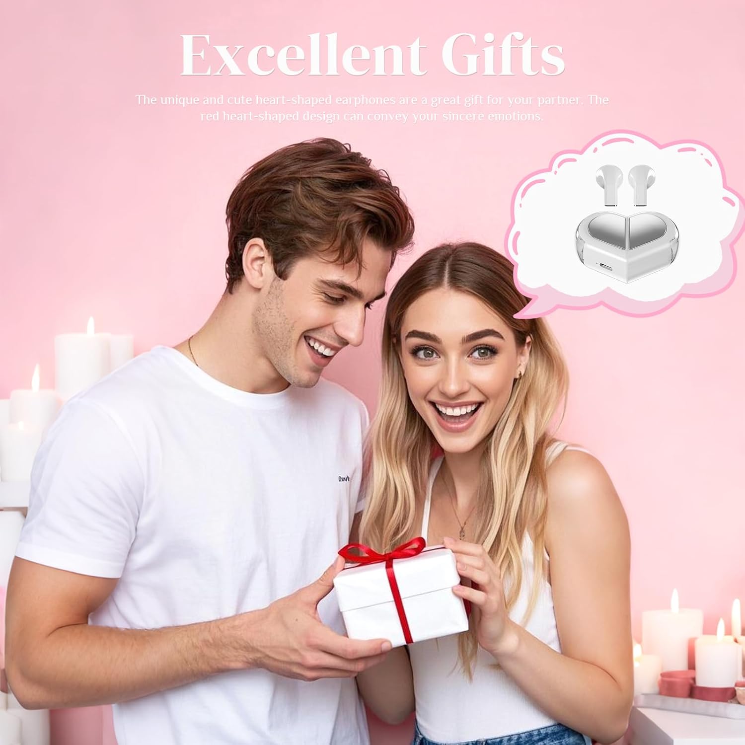 Pink Heart Wireless Bluetooth Earbuds, Cute Mini Invisible in-Ear Headphones for Women Small Ear Canals, Rose Gold Kawaii Earphones (White)