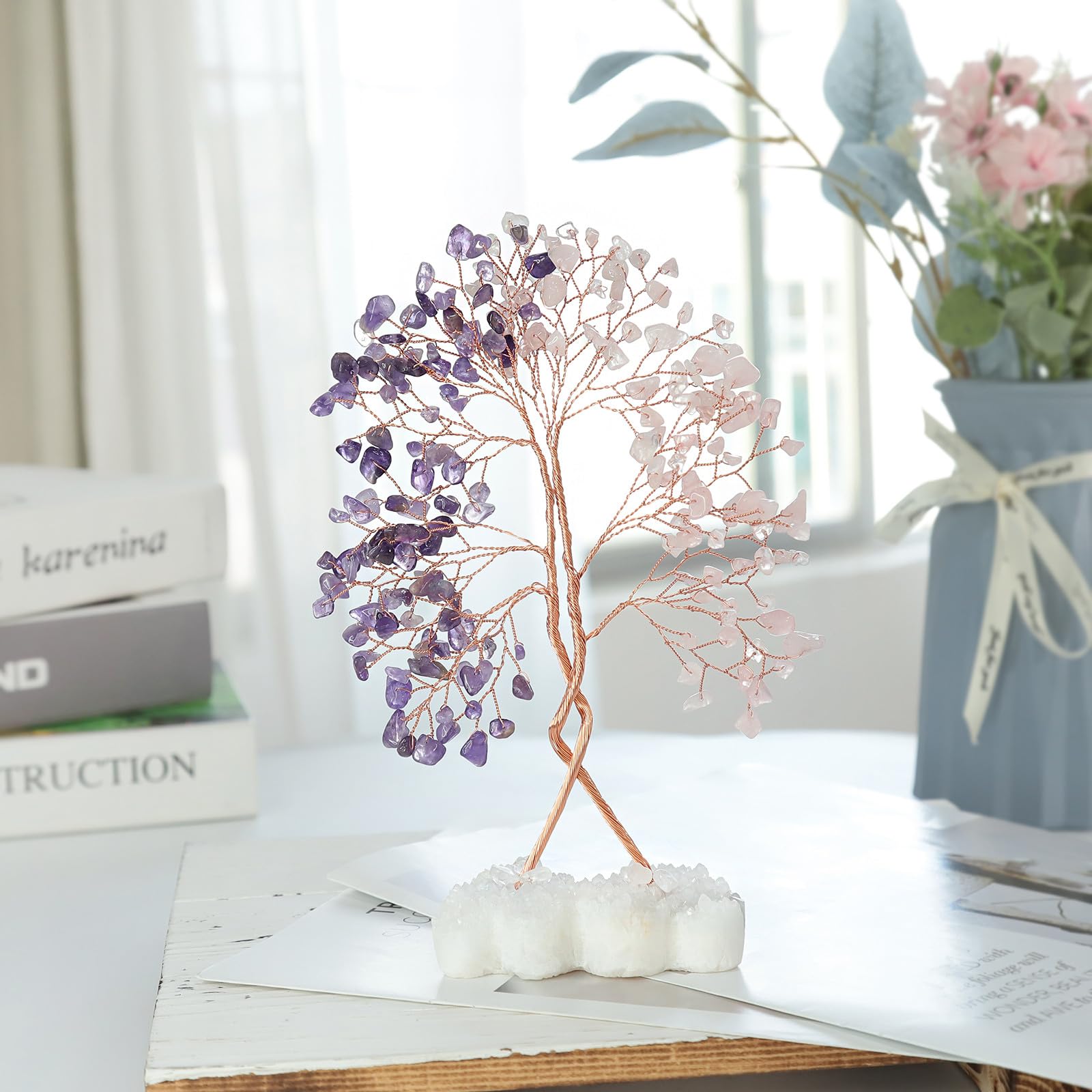 Mookaitedecor Natural Rose Quartz & Amethyst Crystal Tree of Life Ornament with Double Heart Clear Quartz Crystal Cluster Base Stone Bonsai Money Tree Home Wedding Decoration Mother's Day Gift - Image 3