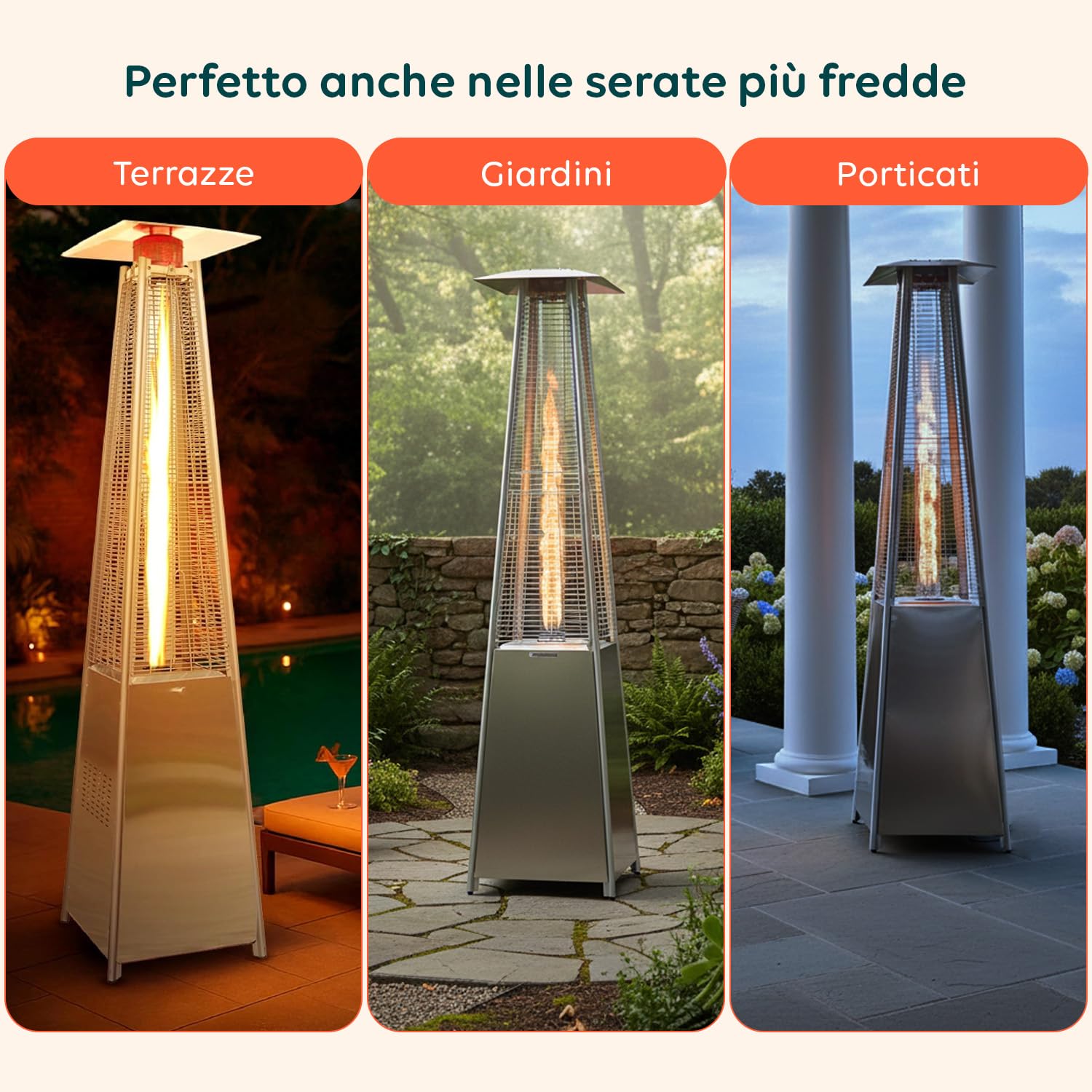 Avilia – Stufa Piramidale a Gas da Esterno Aura 12kW con Accensione Piezoelettrica e Termostato Regolabile per Terrazze e Giardini, Funzionamento con Bombola GPL o Butano, Design Moderno - Grigia