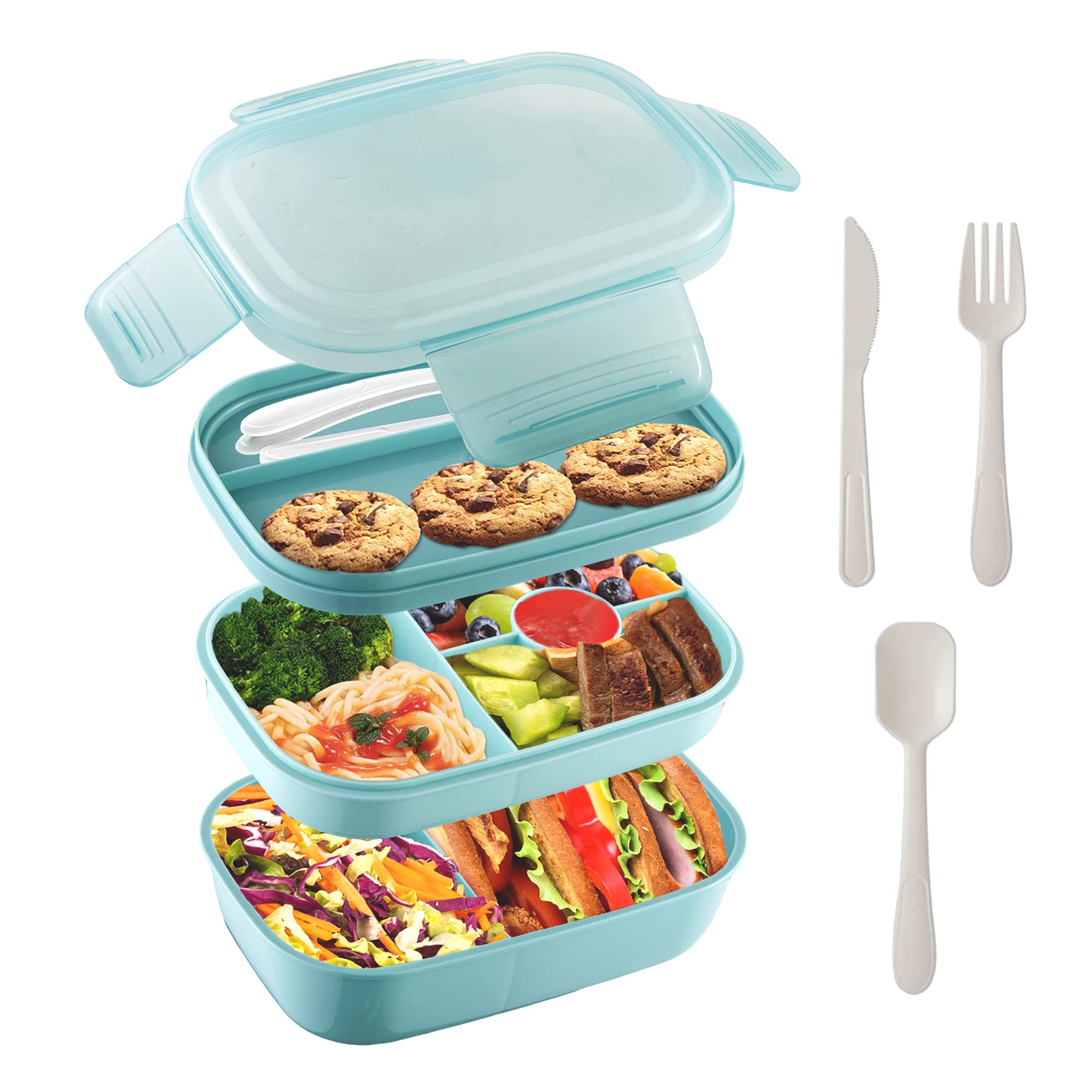 MiraclekooStackable Bento Box Lunch Box,3 Layers Stackable Bento Lunch Containers for Adults & Kids, Built-in Utensil Set,Leak-Proof Bento Lunch Box for Dining Out, Work, Light Blue