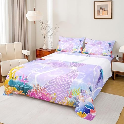 Erosebridal Juego de sábanas tamaño individual de cola de sirena para niños, decoración de habitación de sirena, sábana bajera ajustable para