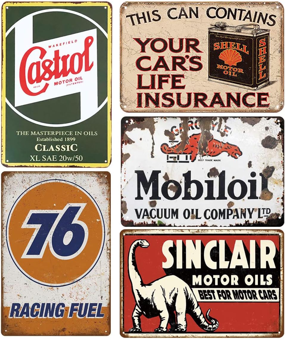 Pack of 5 pcs Retro Vintage Tin Signs, Gas Oil Car Metal Posters for Garage Man Cave Bar, 8x12 inch/20x30cm