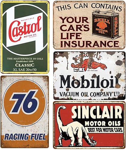 Paquete de 5 carteles de lata retro vintage, carteles de metal para coche de gasóleo para garaje, barra de cueva, 8 x 12 pulgadas