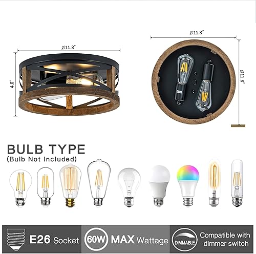 Miniatura 6 de Lámpara de techo estilo granja, lámpara de techo redonda de 2 luces con marco de madera y metal, lámpara rústica negra para pasillo, entrada,