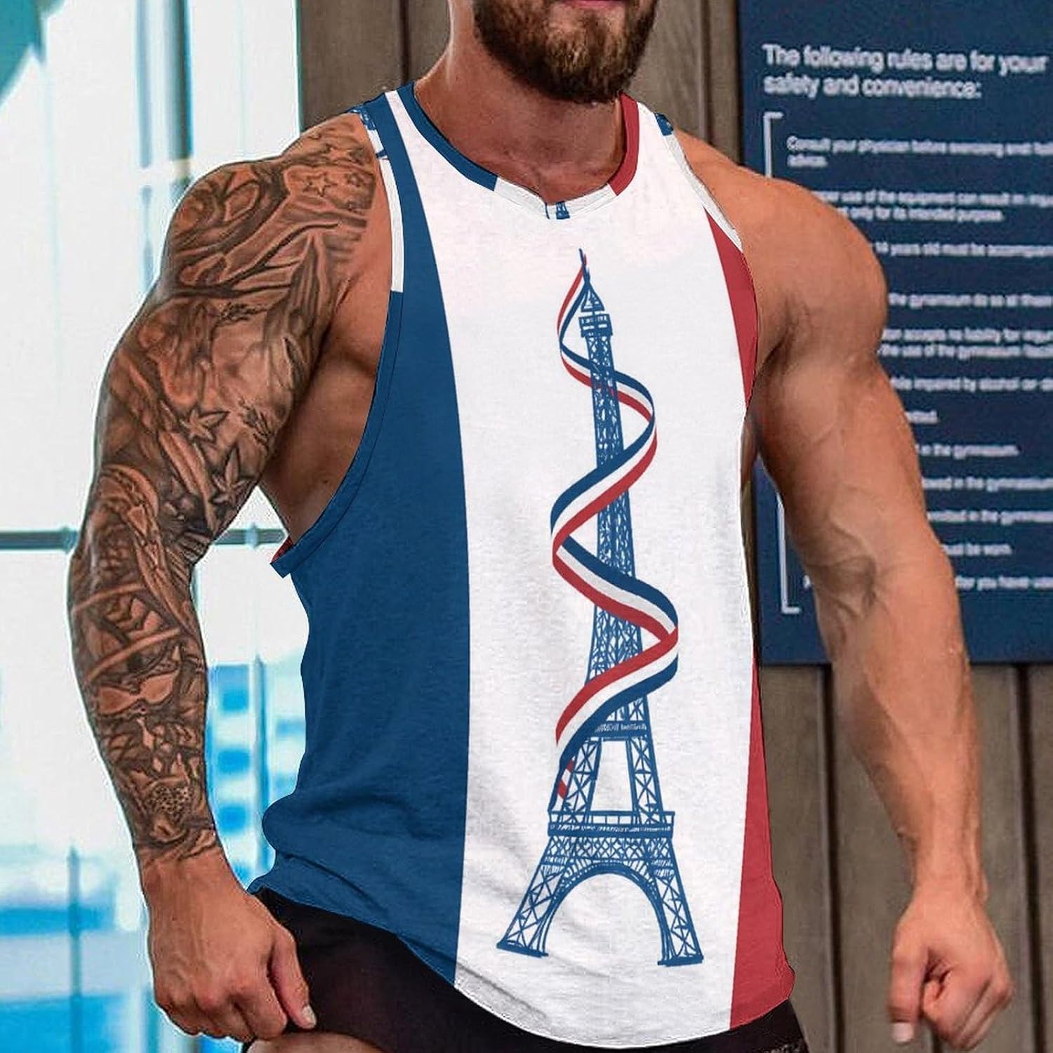 French Flag Eiffel Tower Mens Breathable Printed Tank Top 5XL