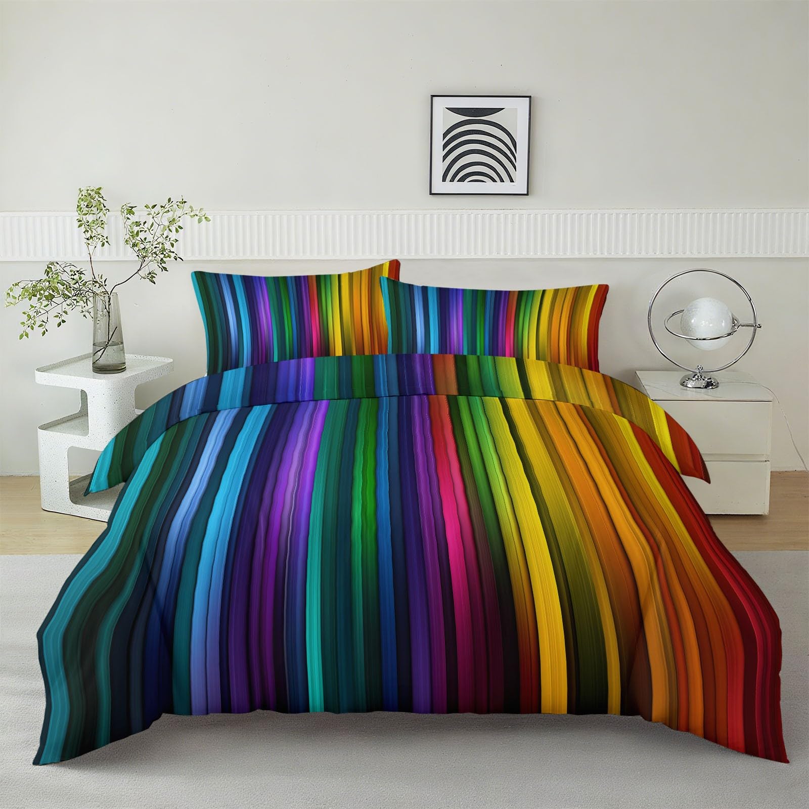 Abstrakcyjna poszwa na kołdrę w pionowe tęczowe paski Bedding 240 x 220 cm z 2 poszewkami na poduszki, wielokolorowa, miękka szczotkowana mikrofibra zestaw pościeli dla dorosłych dla 2 osób